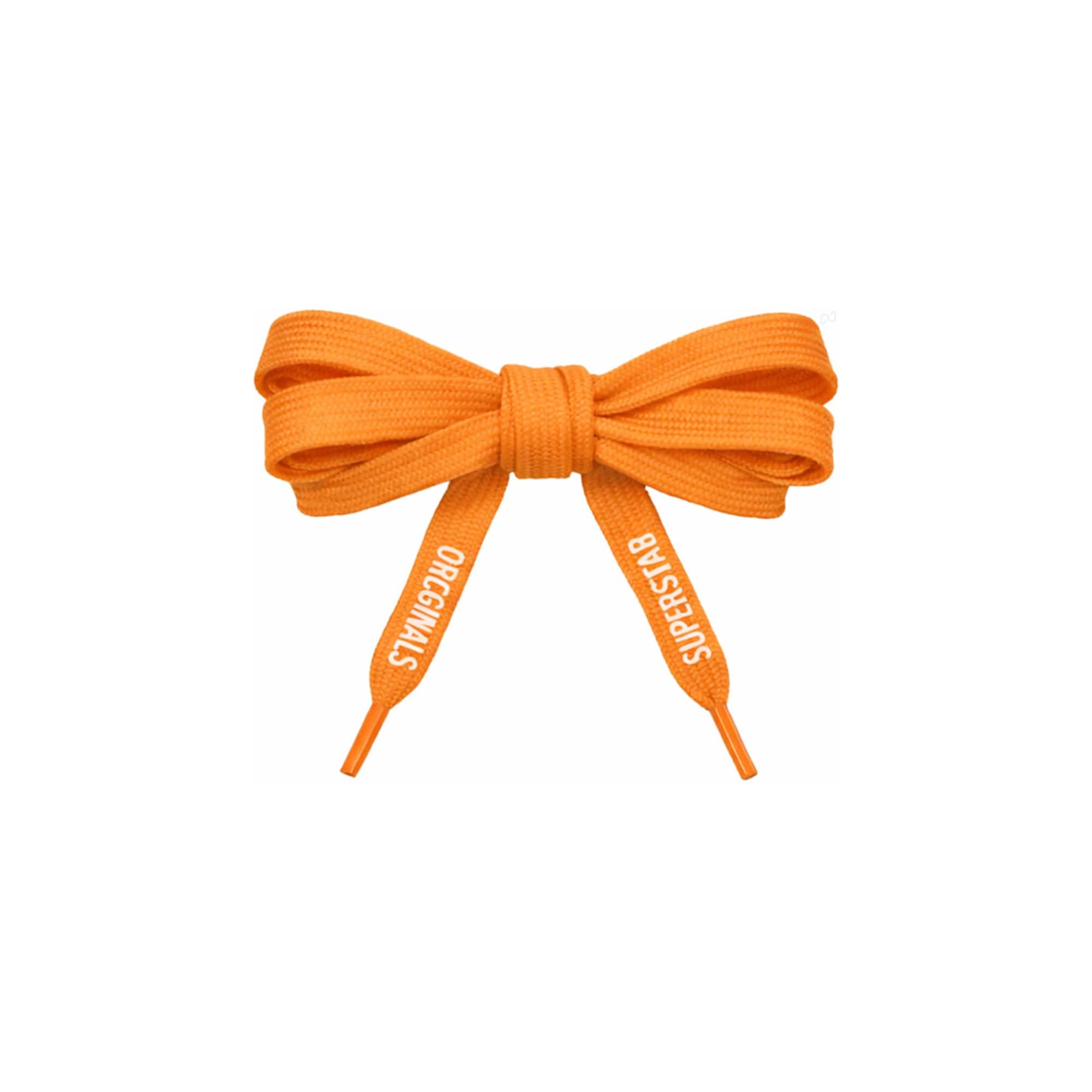 An orange pair of custom shoe laces arranged in a bow, featuring a logo on the ends.