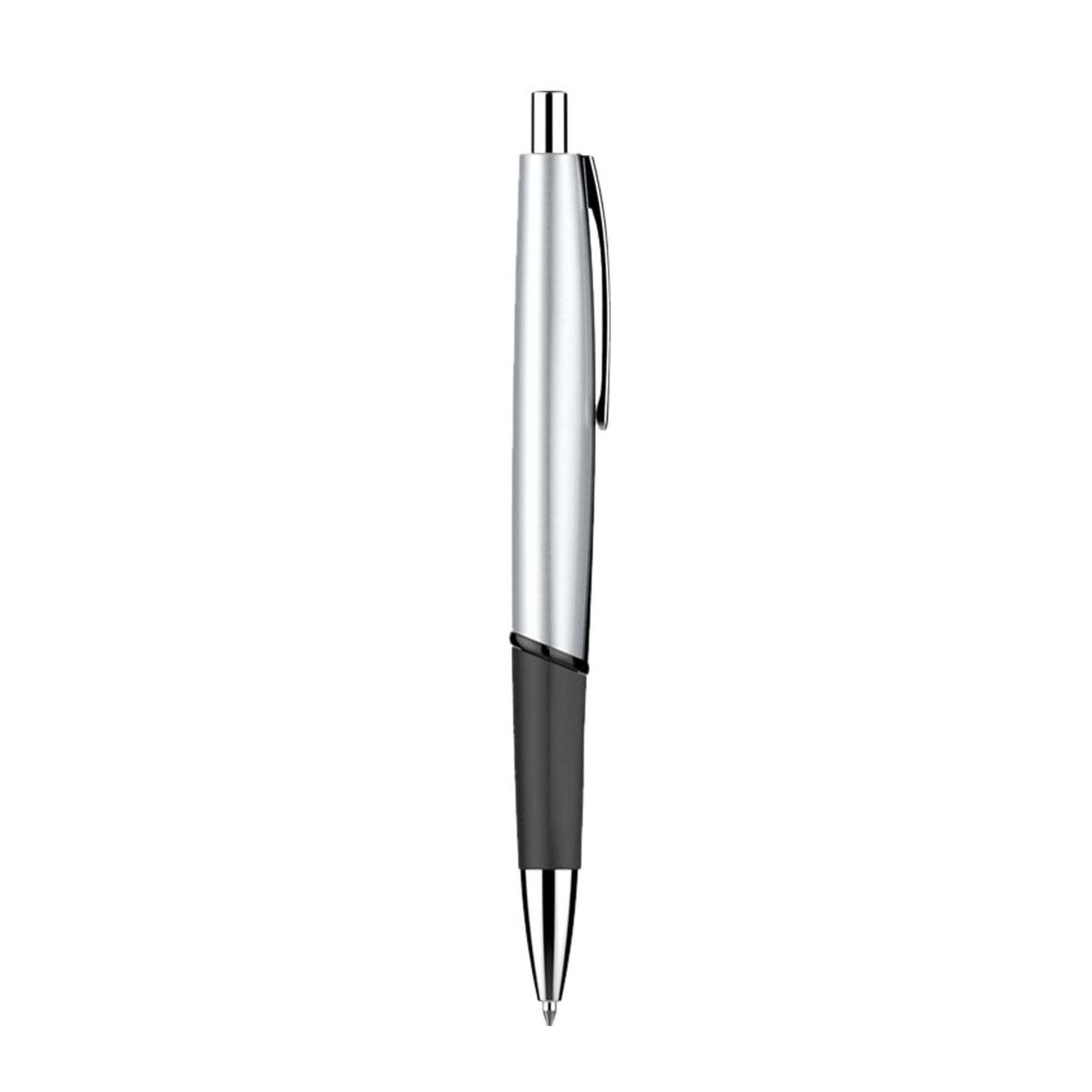 A silver and black plastic pen with a sleek design and a clip for easy attachment. It has a branding logo.