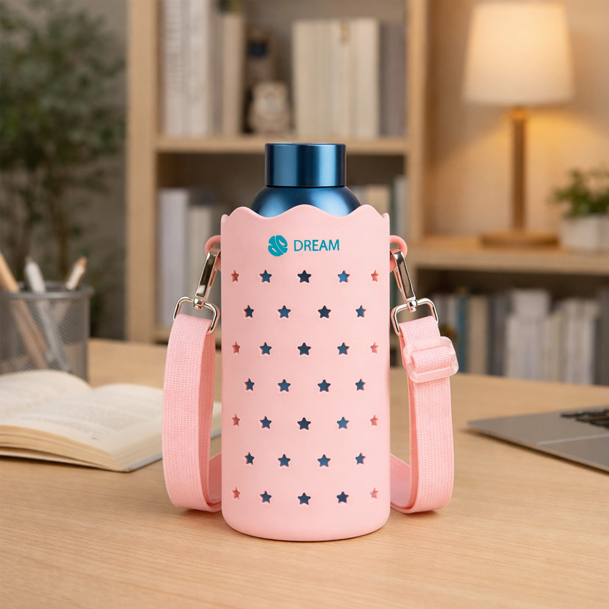 A drink bottle with a pink silicone bag featuring star cutouts, a blue lid, and a shoulder strap.