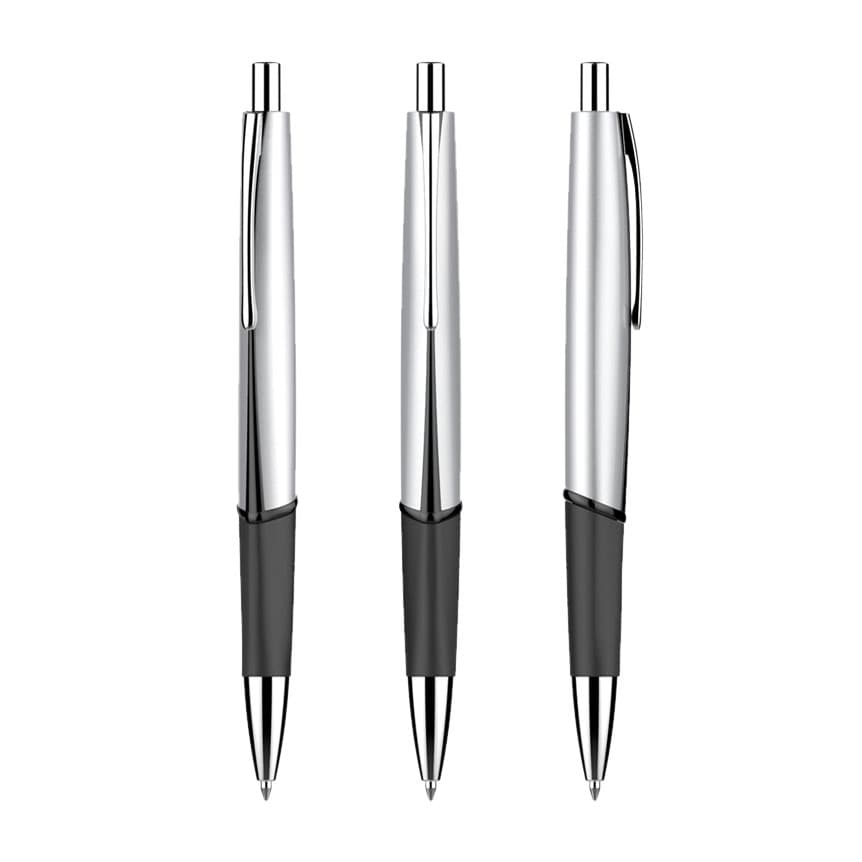 Three plastic pens in silver and black, featuring a sleek design and clip. The pens have a logo on them.
