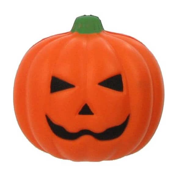 A smiling orange pumpkin stress reliever with black facial features and a green stem.