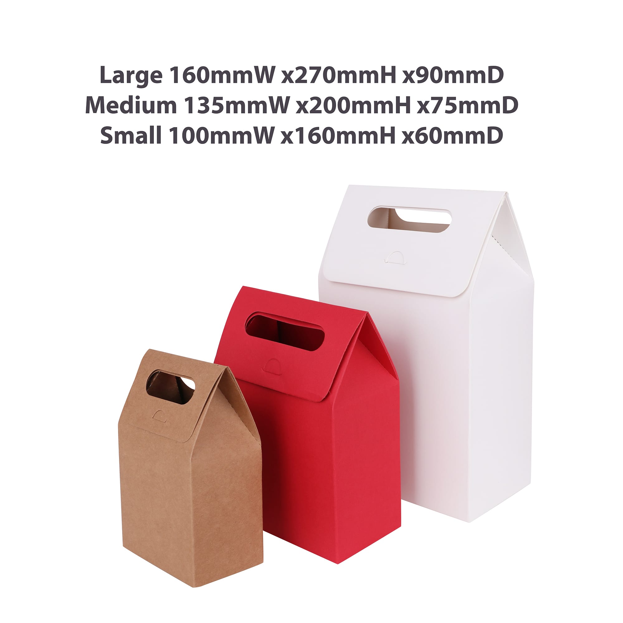 Three die cut handle bags in brown, red, and white, showcasing various sizes and a handle design.
