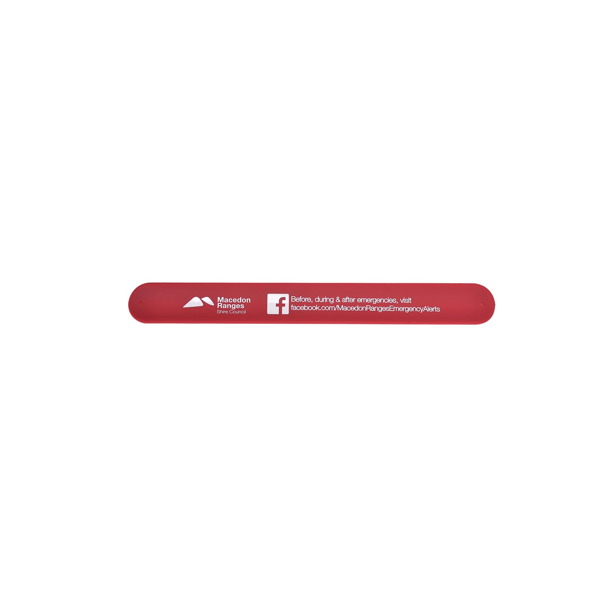 A red silicone slap band featuring a logo and additional details on one side.