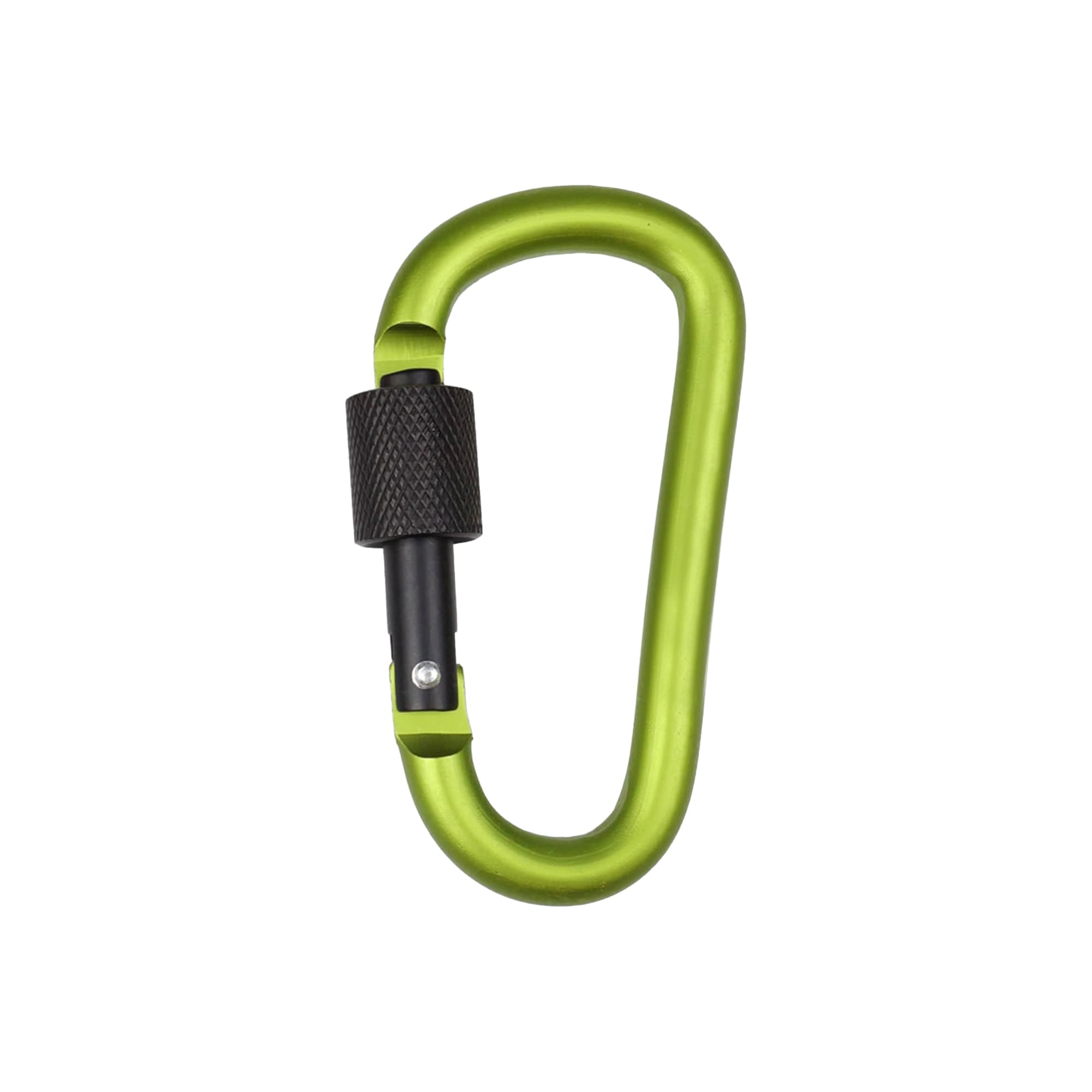 A green D-shaped screw lock keychain with a black locking mechanism and a smooth finish.