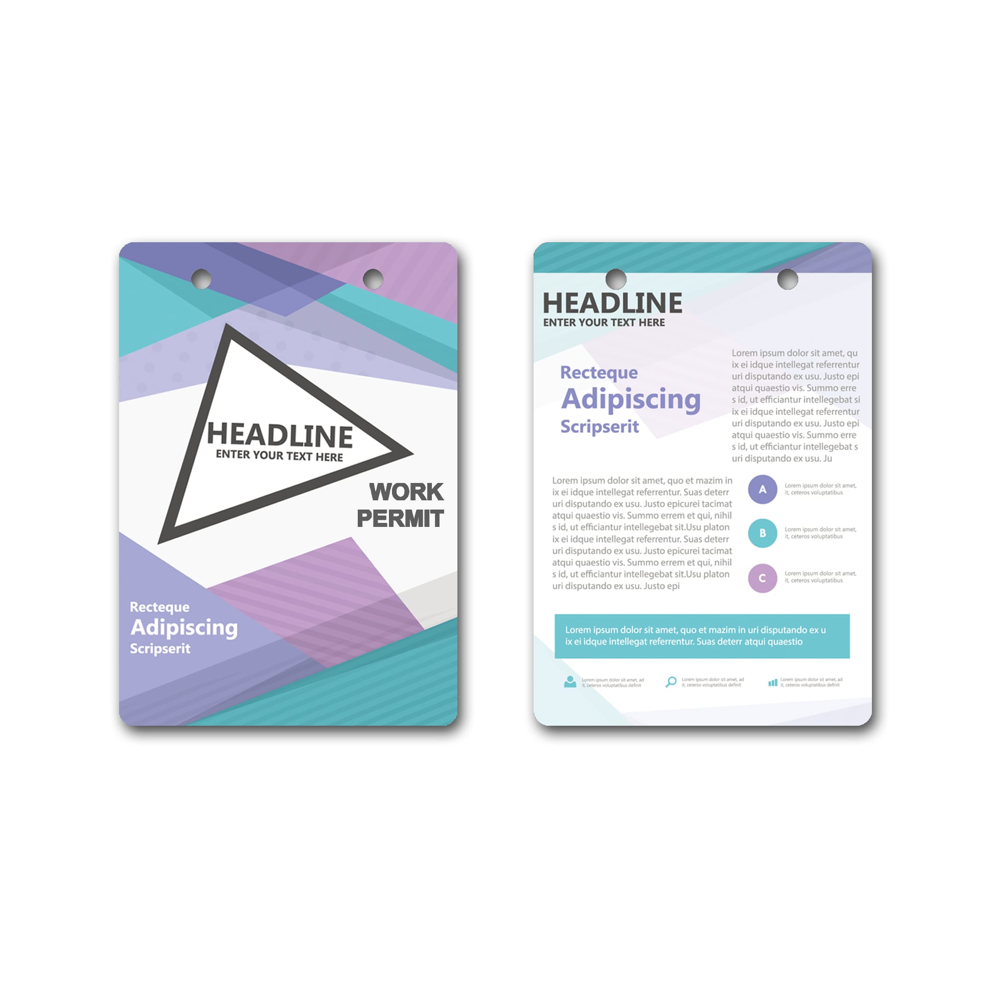 A small, printed name tag in vibrant colours, featuring geometric designs and a logo. Offered in a rectangular shape.