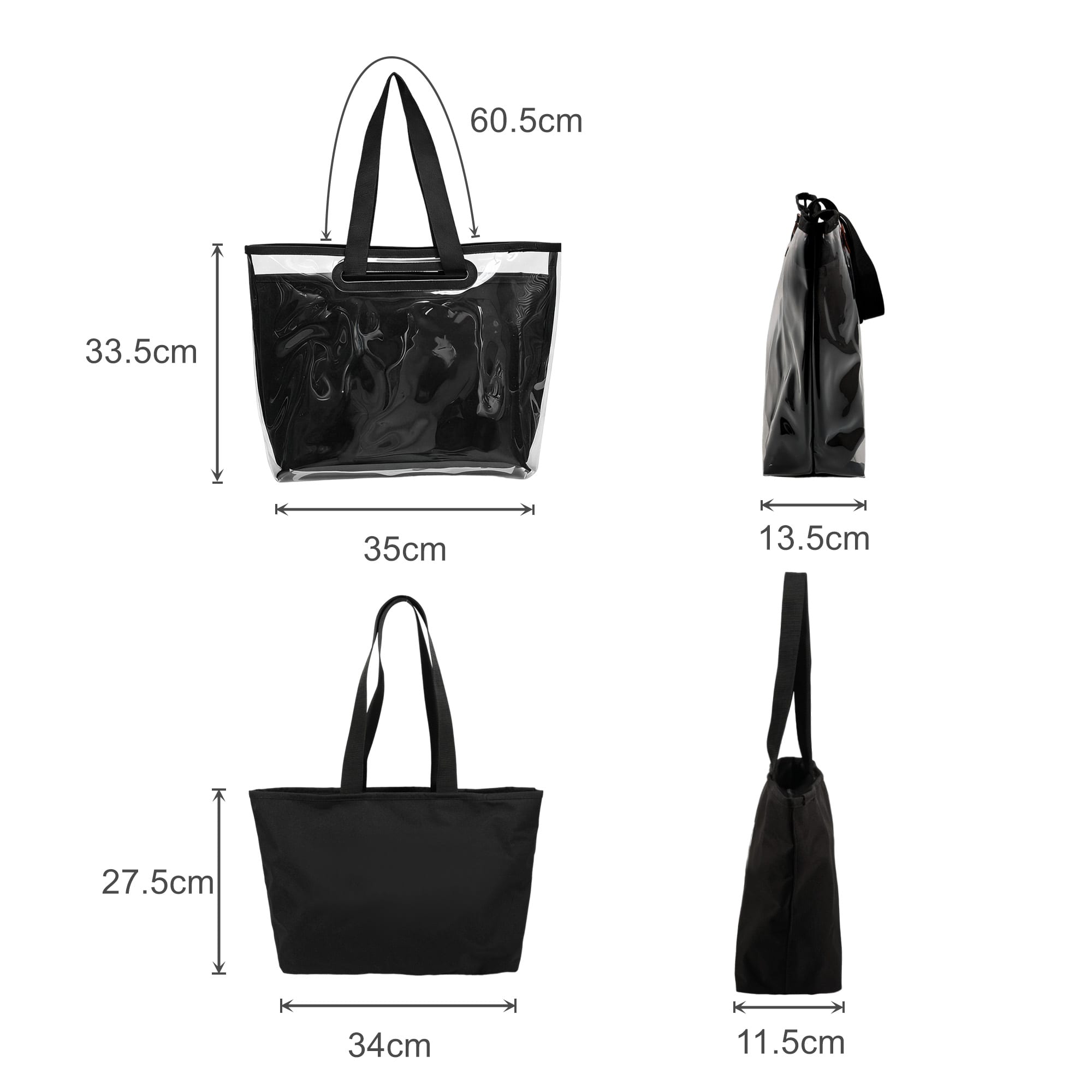 A black tote bag with detachable PVC cover, featuring black straps and varying dimensions displayed alongside.