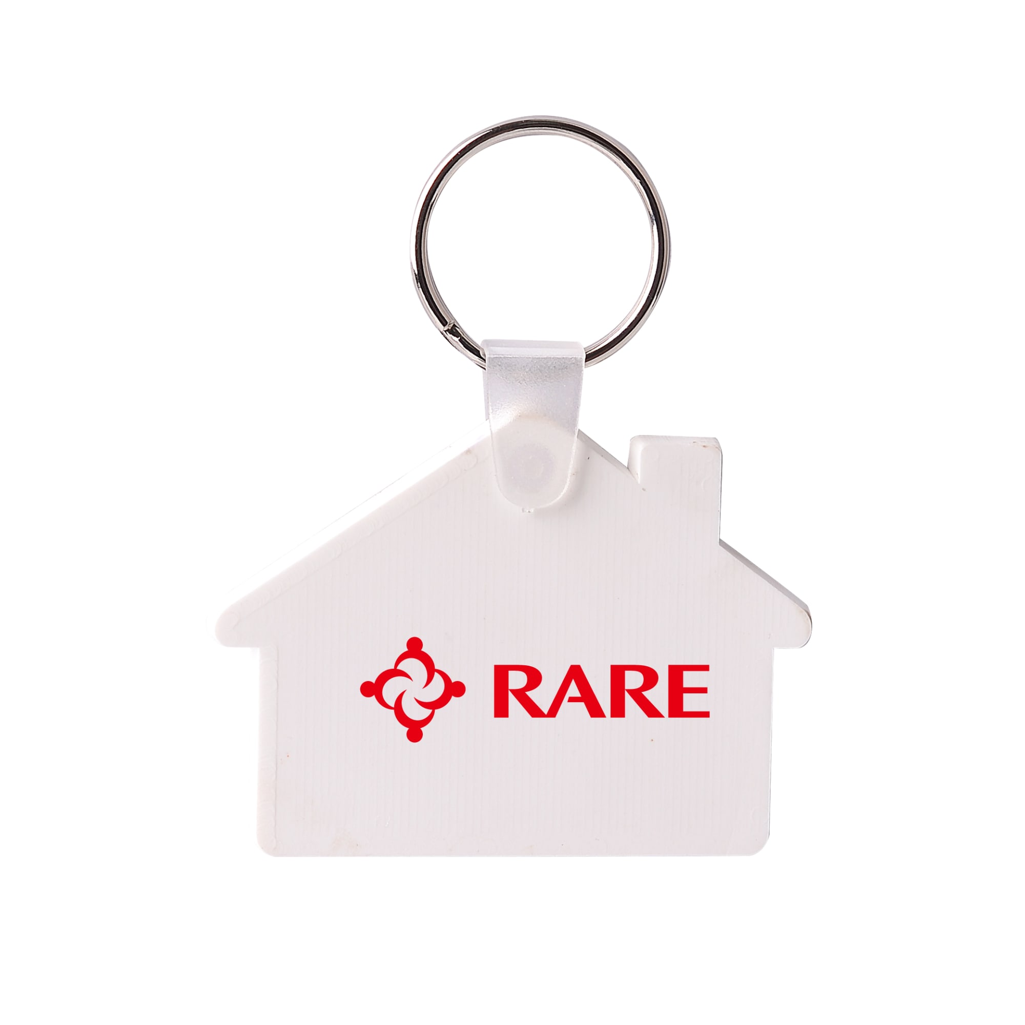 A house-shaped white keyring with a silver keyring attachment and a logo on one side.
