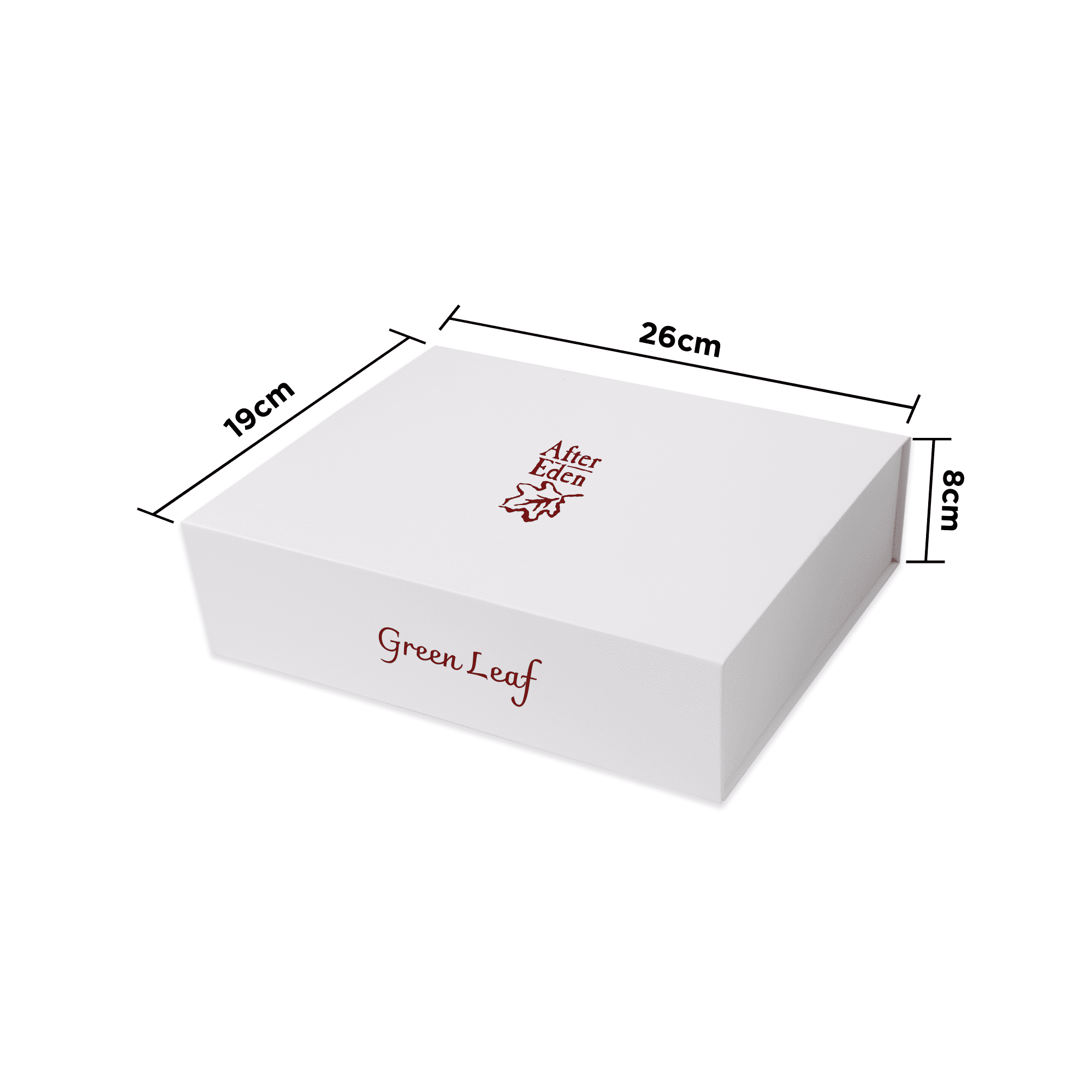 A white rectangular box with dimensions labelled, featuring a logo and text in red.