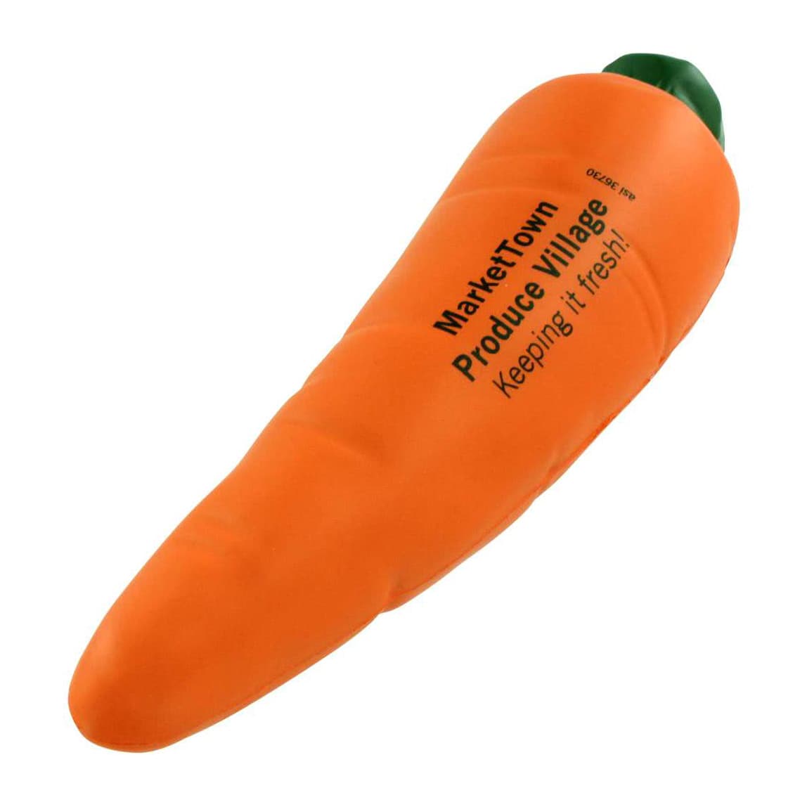 An orange carrot-shaped stress reliever with a green top, featuring a logo on its side.