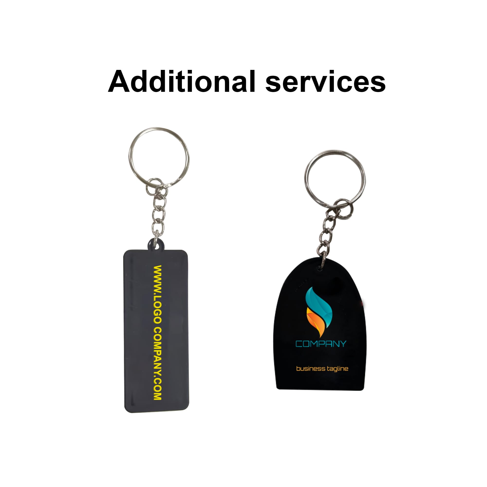 A custom-shaped PVC keyring in black with a metal ring and chain, featuring a logo. Two designs shown.