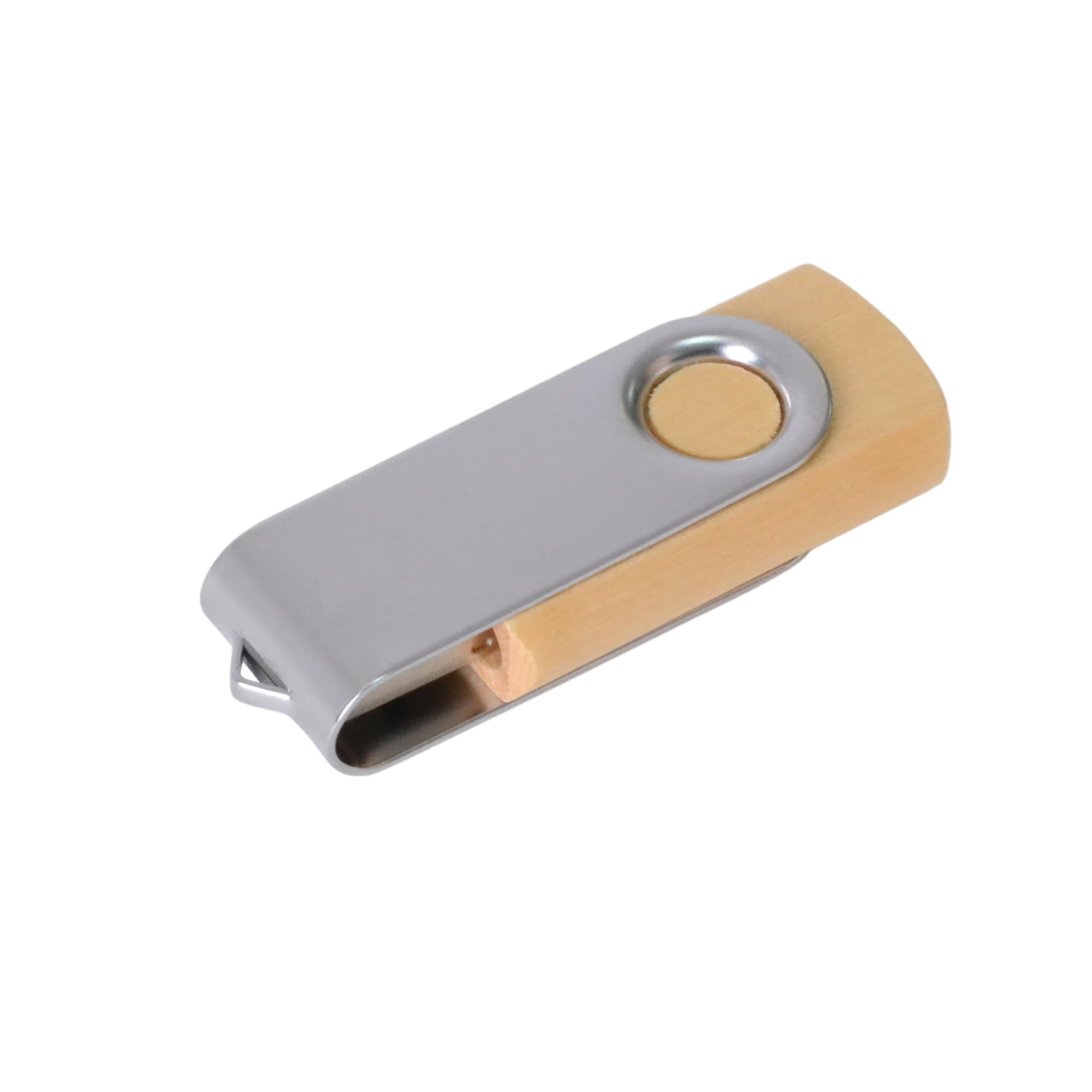 A metal and wooden swivel flash drive in silver and natural wood tones, featuring a circular design element and branding.