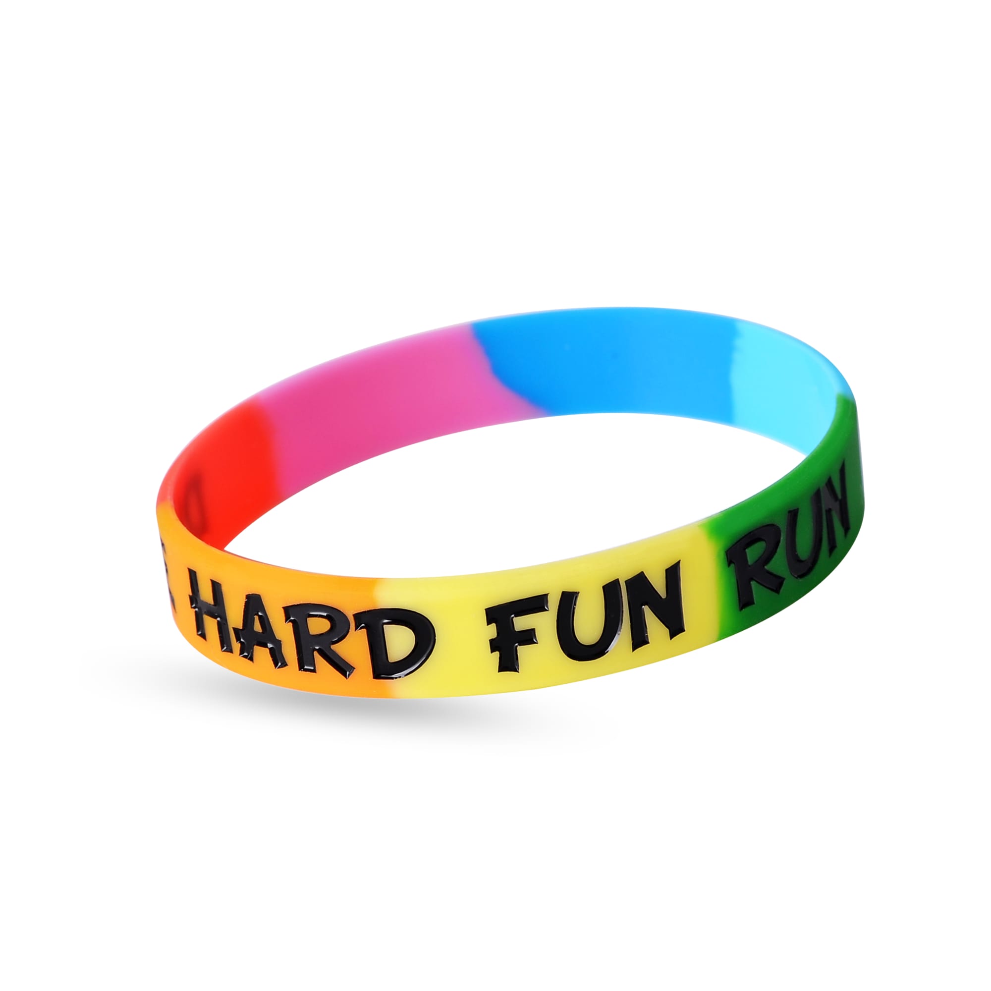 A multicoloured silicon wristband featuring a logo, with vibrant sections of pink, blue, yellow, and green.