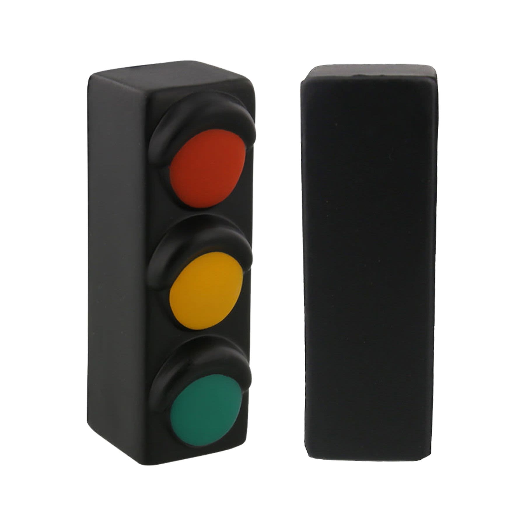 A traffic light shaped stress reliever in black with red, yellow, and green buttons. It features a smooth finish.