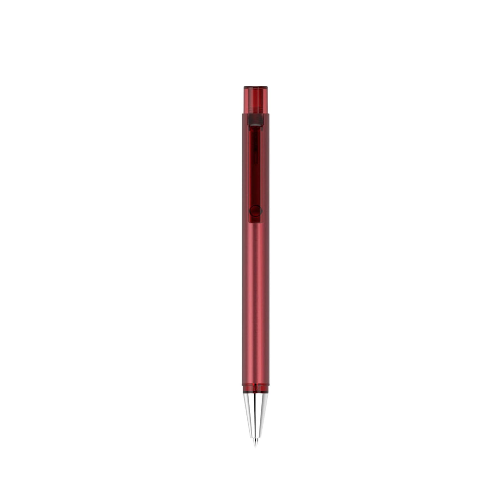 A red flat pen with a sleek body and a silver tip, featuring a logo on its surface.