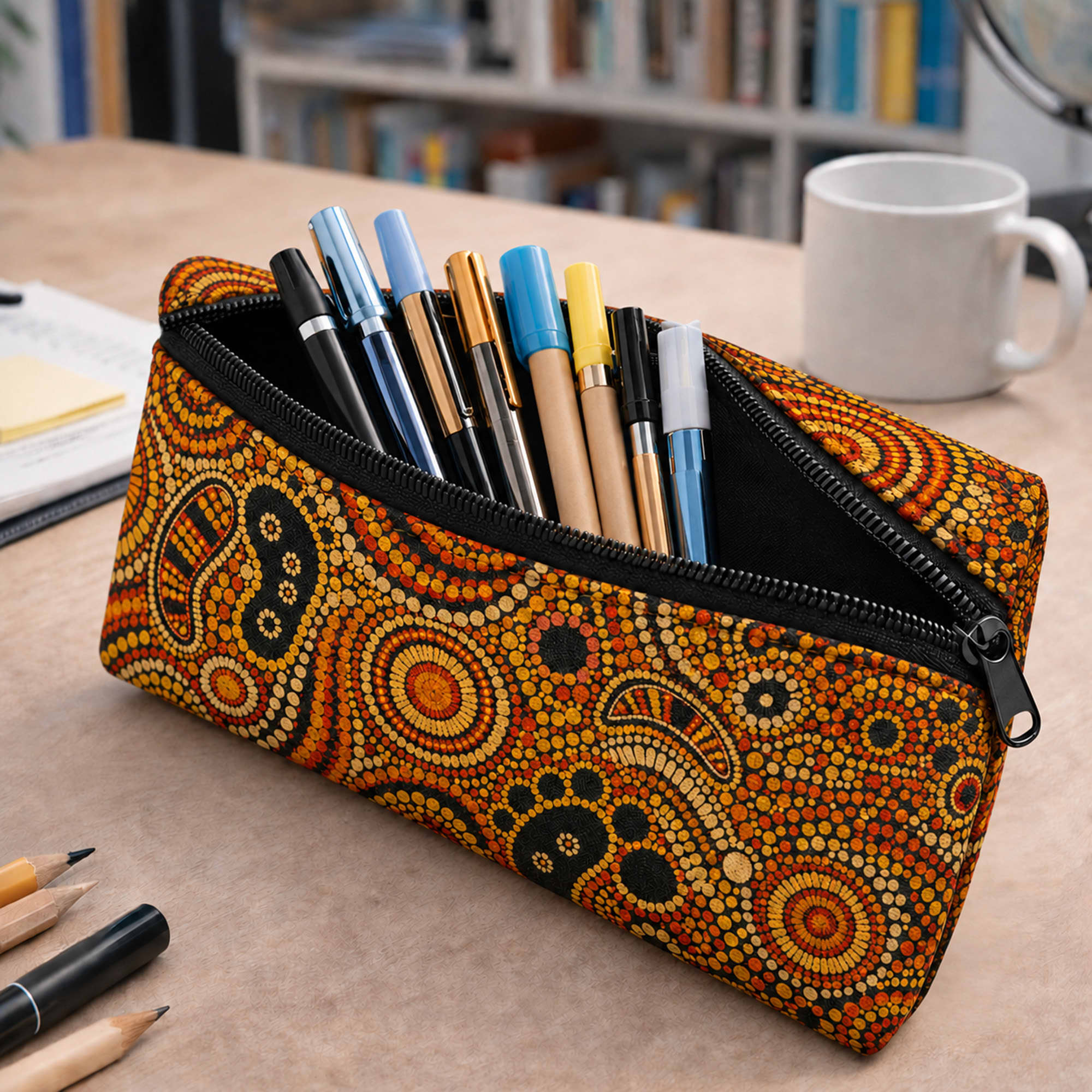 A small neoprene pencil pouch in vibrant orange and black, filled with various pens and markers, sits on a desk.