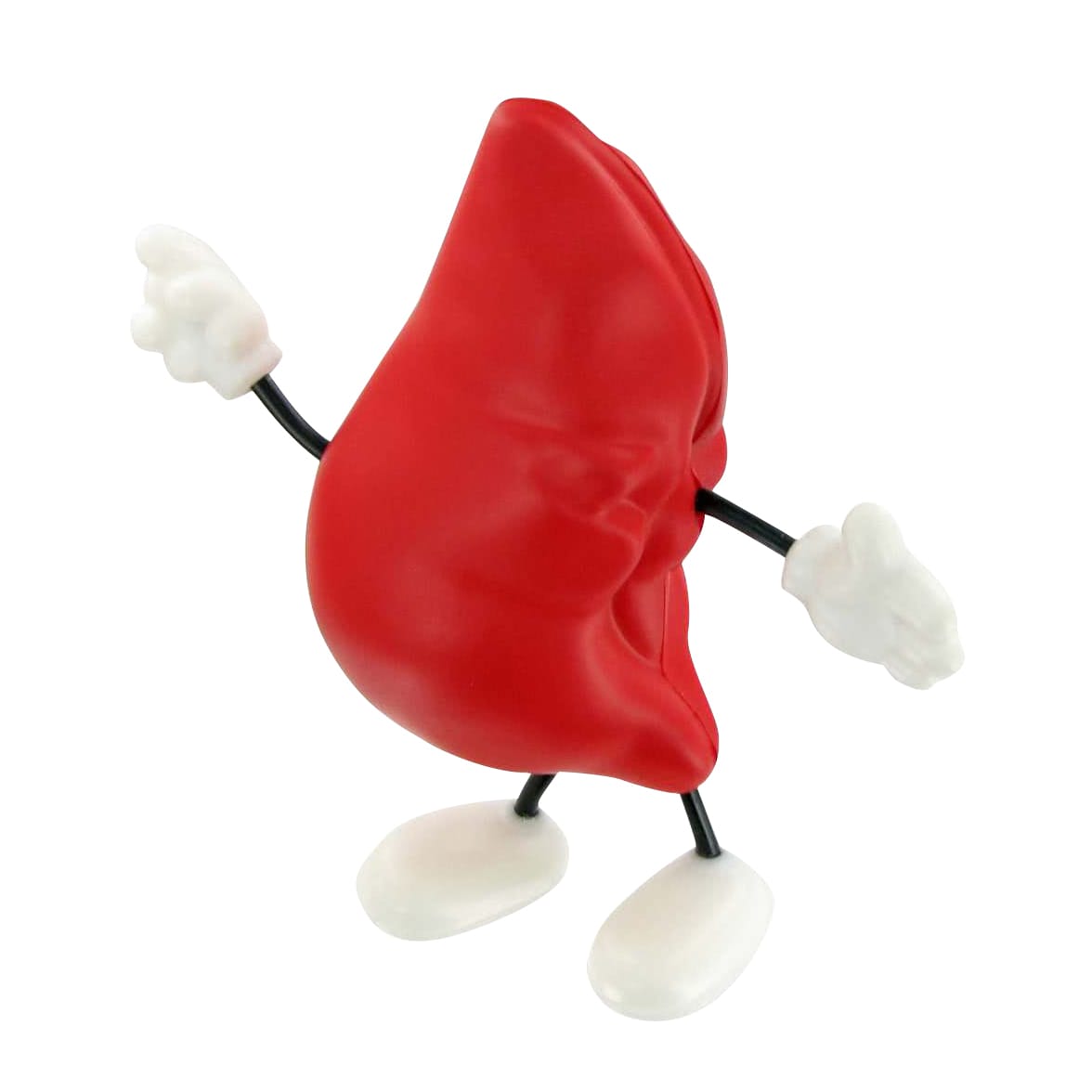 A red liver-shaped stress reliever with white hands and feet, featuring a cheerful expression.