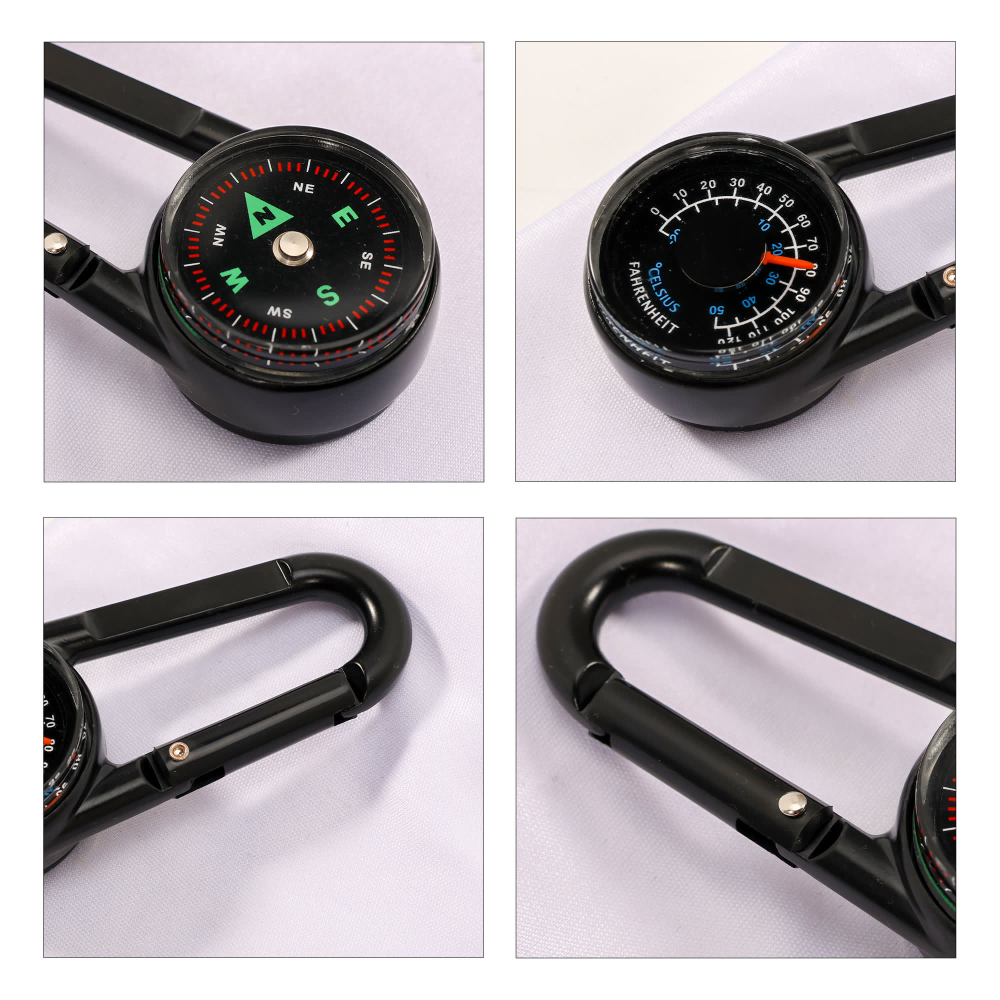 A black carabiner featuring a compass and thermometer, with bold red and blue indicators. The product has a metallic hook.