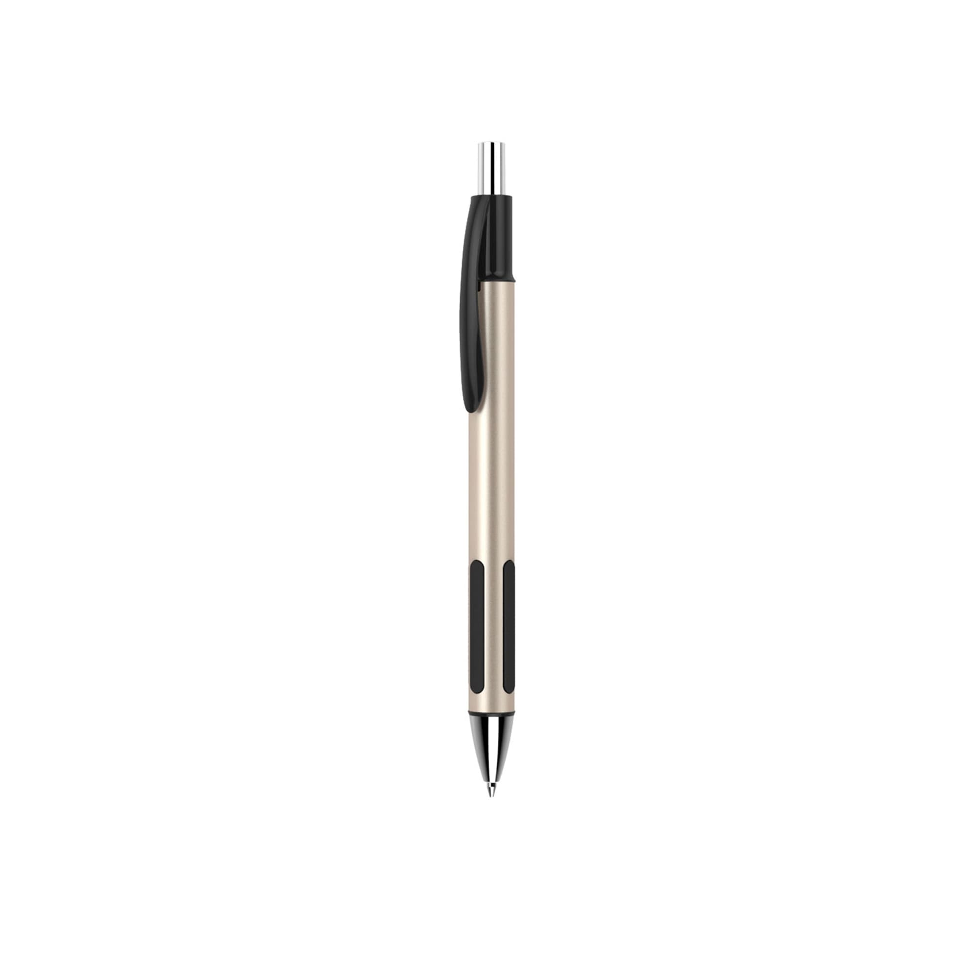 A plastic pen in gold and black, featuring a sleek design and grip sections. The pen includes a logo on its surface.