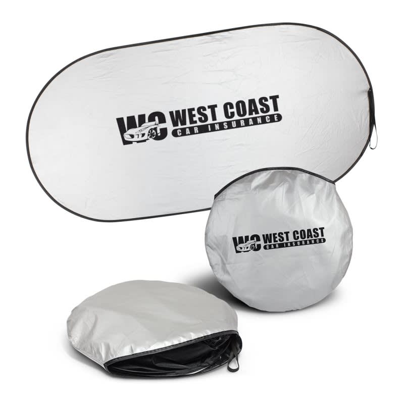 A silver car shade featuring a logo, displayed in two shapes: oval and circular, with a compact storage option.