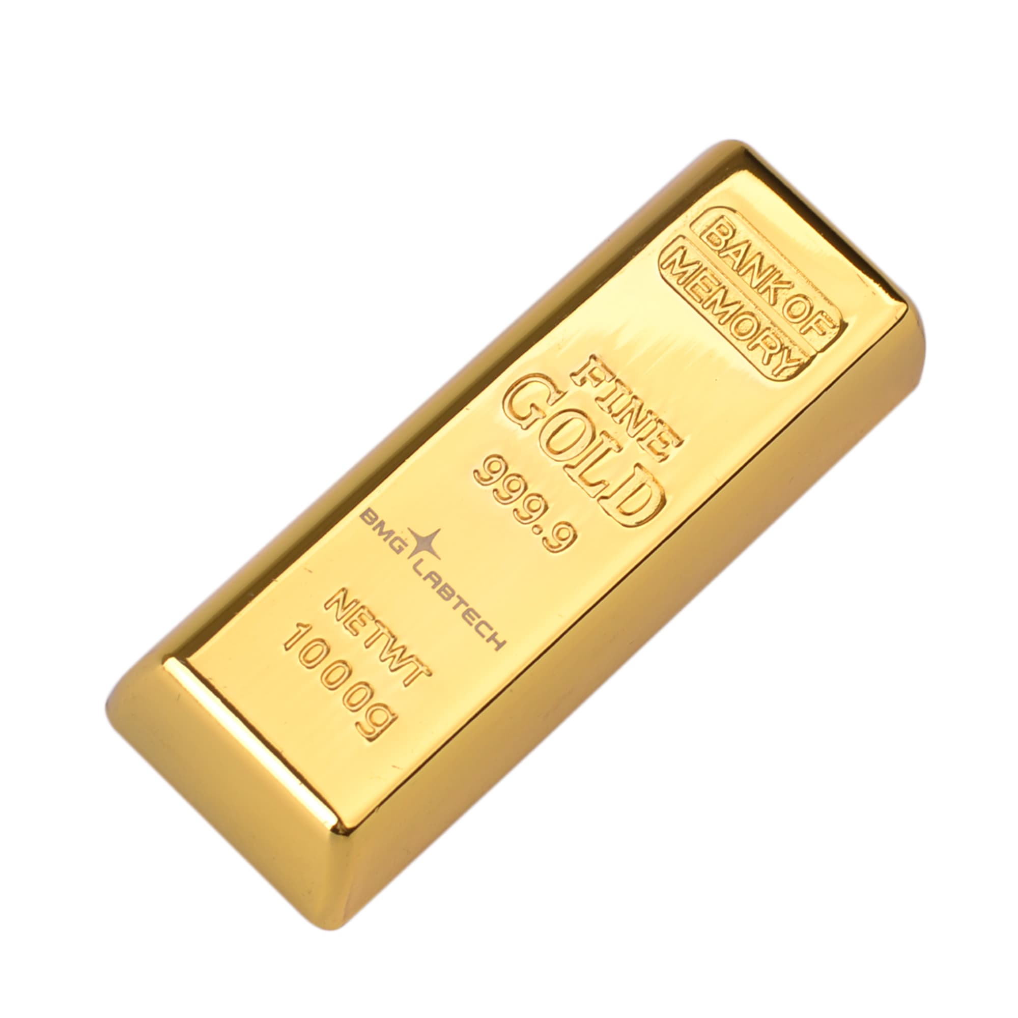 A gold-coloured flash drive designed to resemble a gold bar, featuring a logo and embossed text.