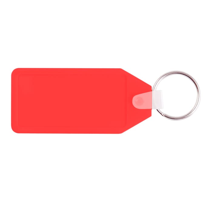 A red long hexagon hard plastic keyring with a metal ring and a clear attachment.