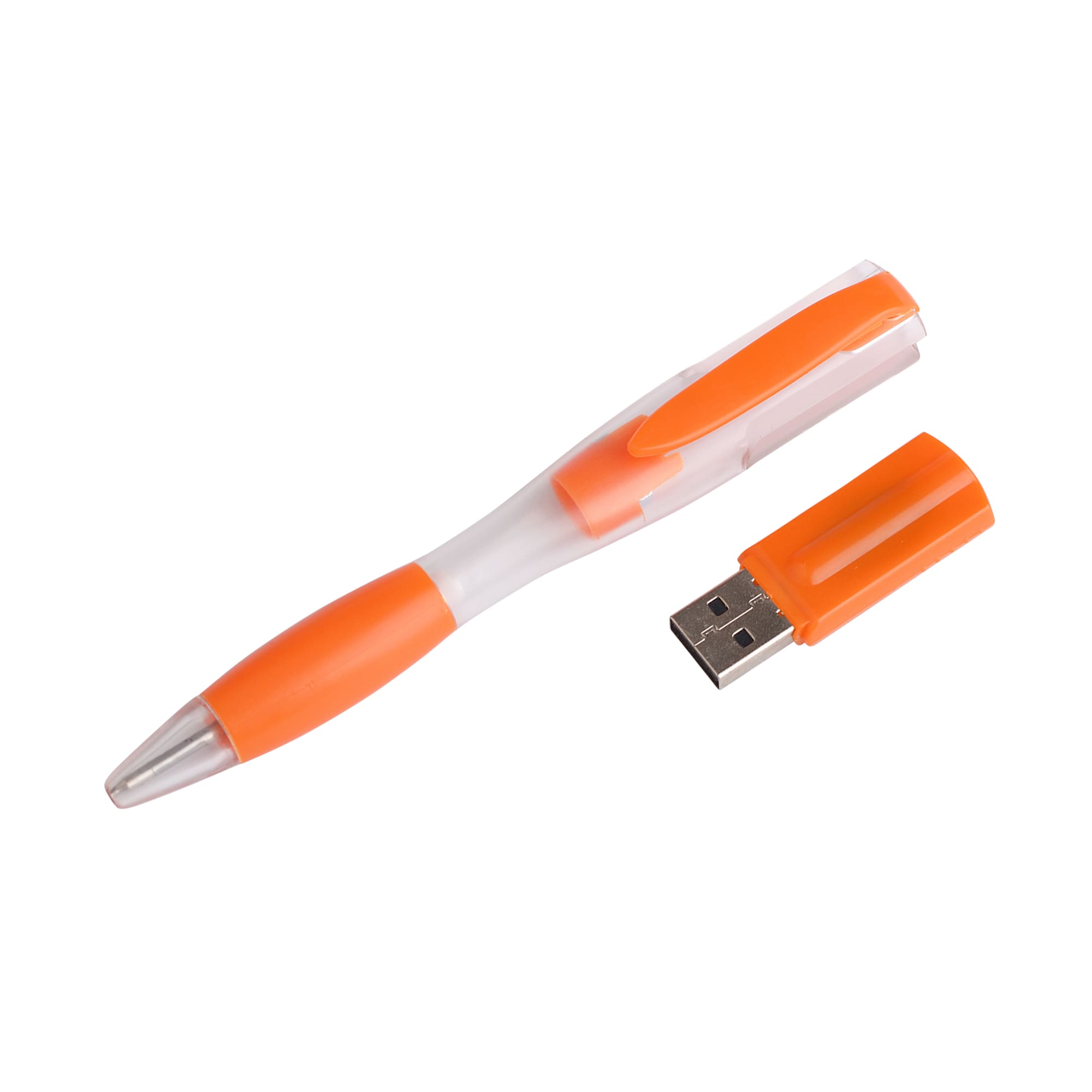 An orange ballpoint pen with a removable flash drive, featuring a transparent casing. The pen has a metal tip.