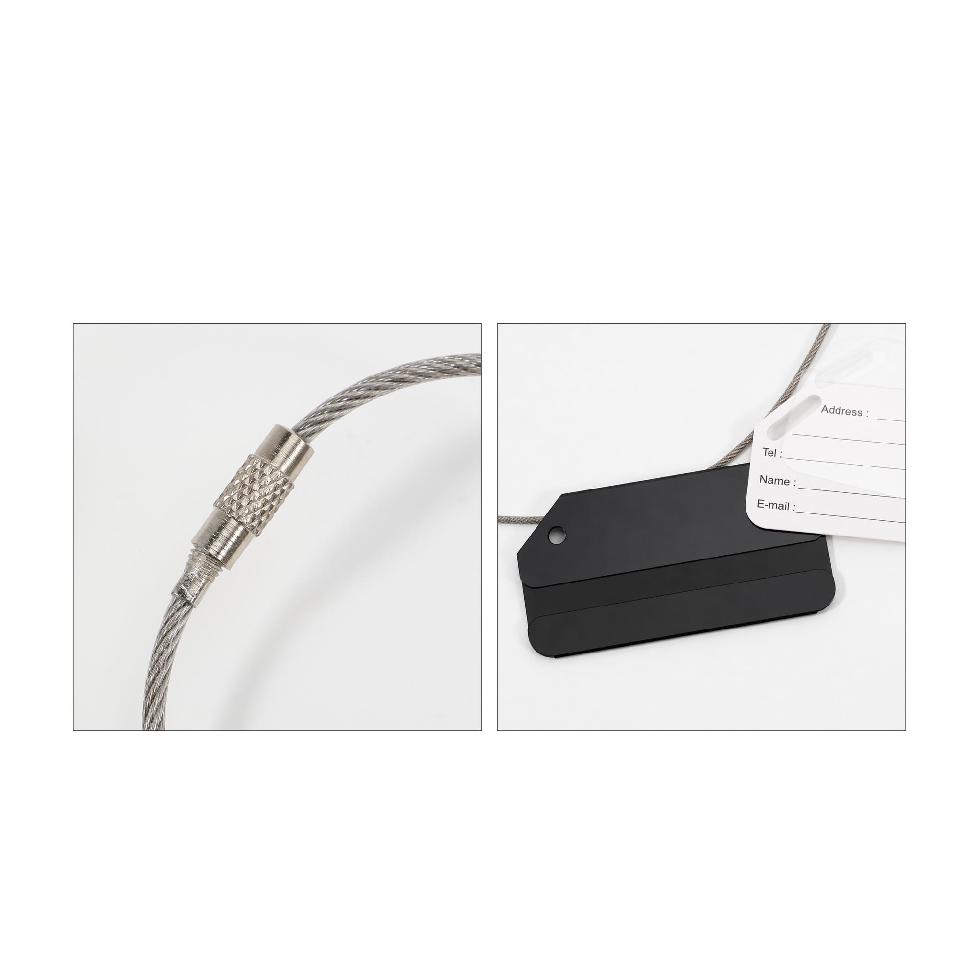 A square aluminium luggage tag in black, attached with a silver wire cable, featuring address fields.