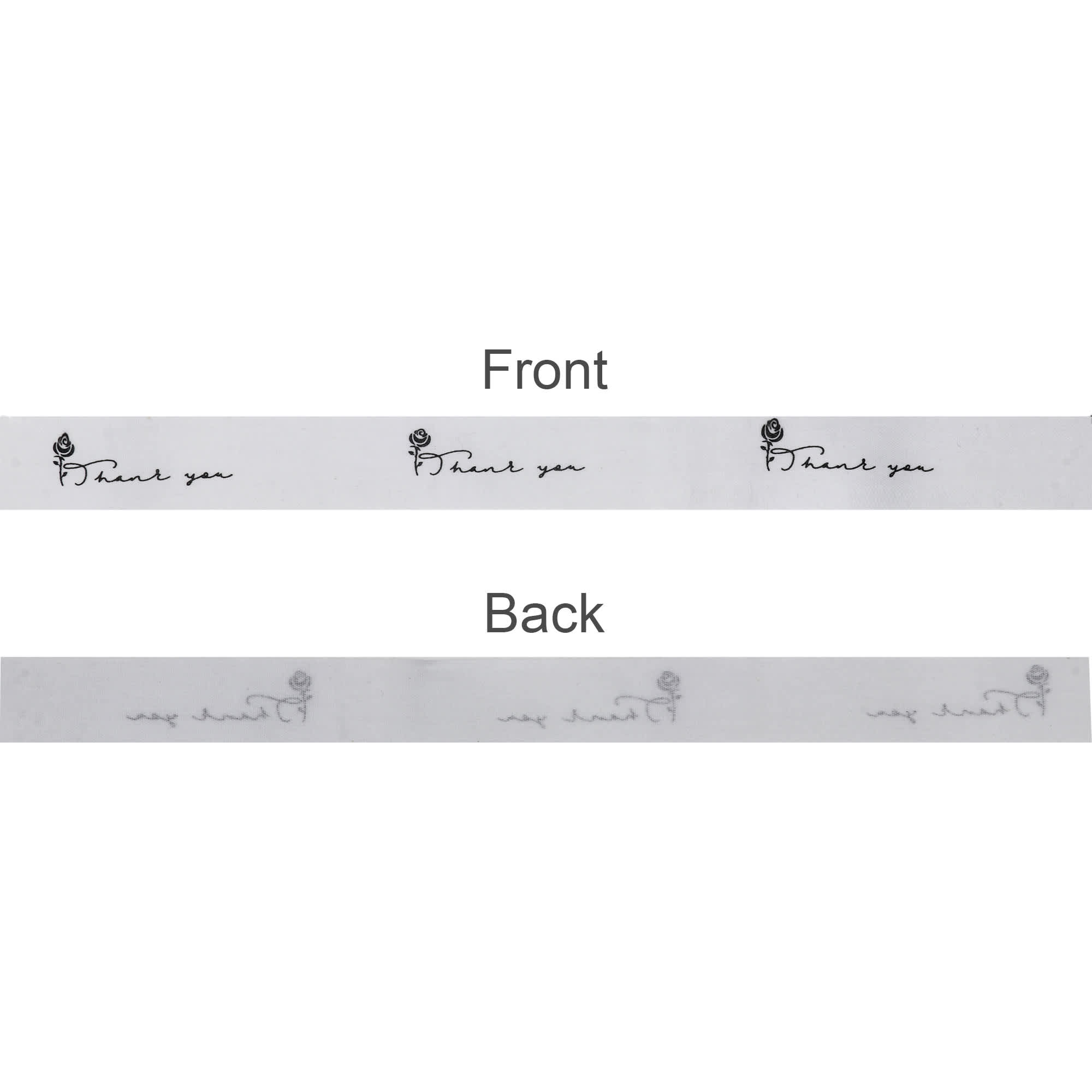 A screen-printed cotton ribbon in white featuring "Thank you" in black, displayed with front and back views.