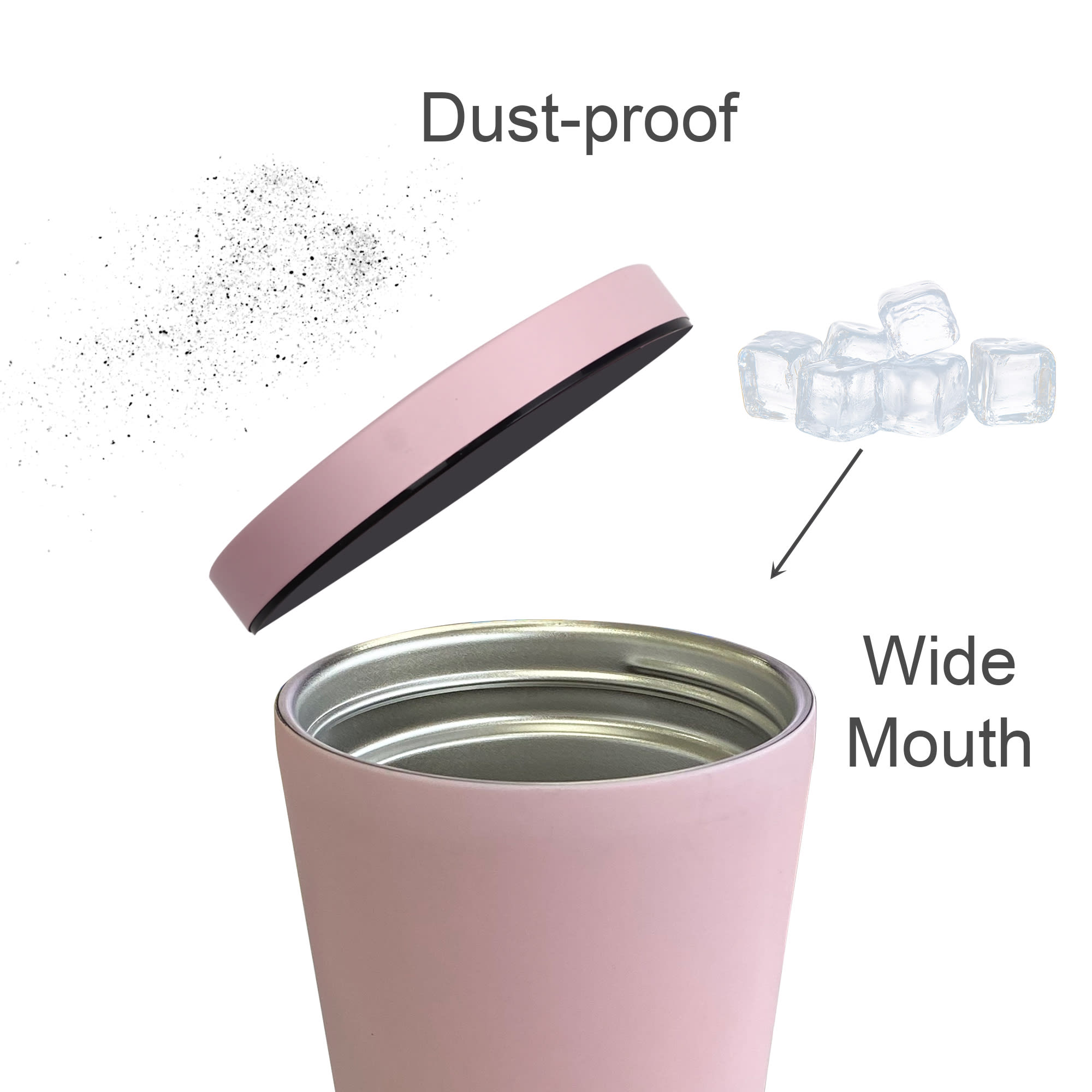 A drink bottle with a pink exterior and a stainless steel interior, featuring a wide mouth and a dust-proof lid.