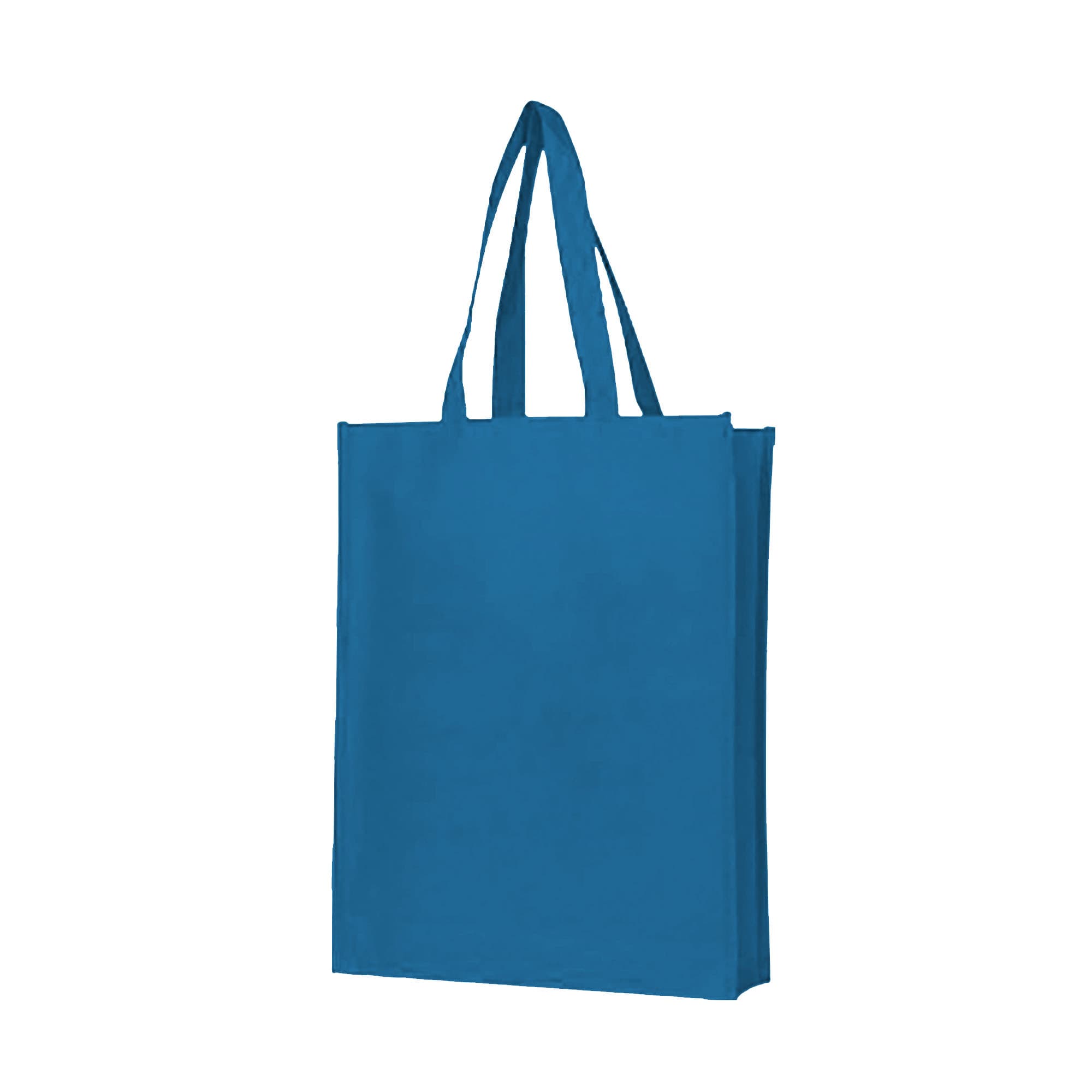 A blue non-woven bag with a large gusset and two handles, featuring a logo on one side.