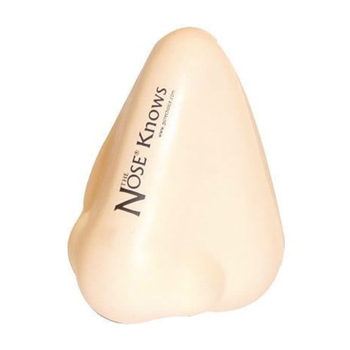 A large, beige nose-shaped stress reliever with a logo on one side. It's designed as a fun stress keyring.
