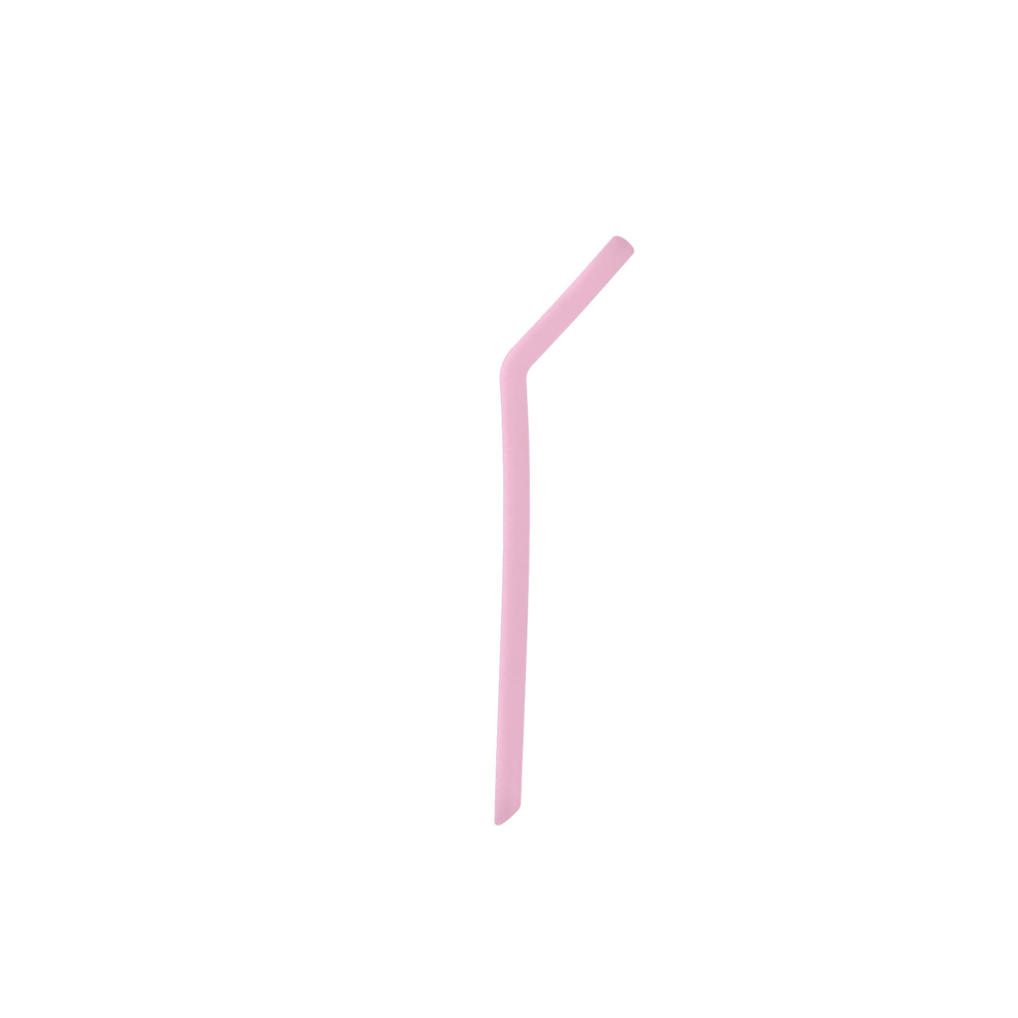 A pink reusable silicone straw with a flexible design, suitable for various drinks. The straw has a logo.