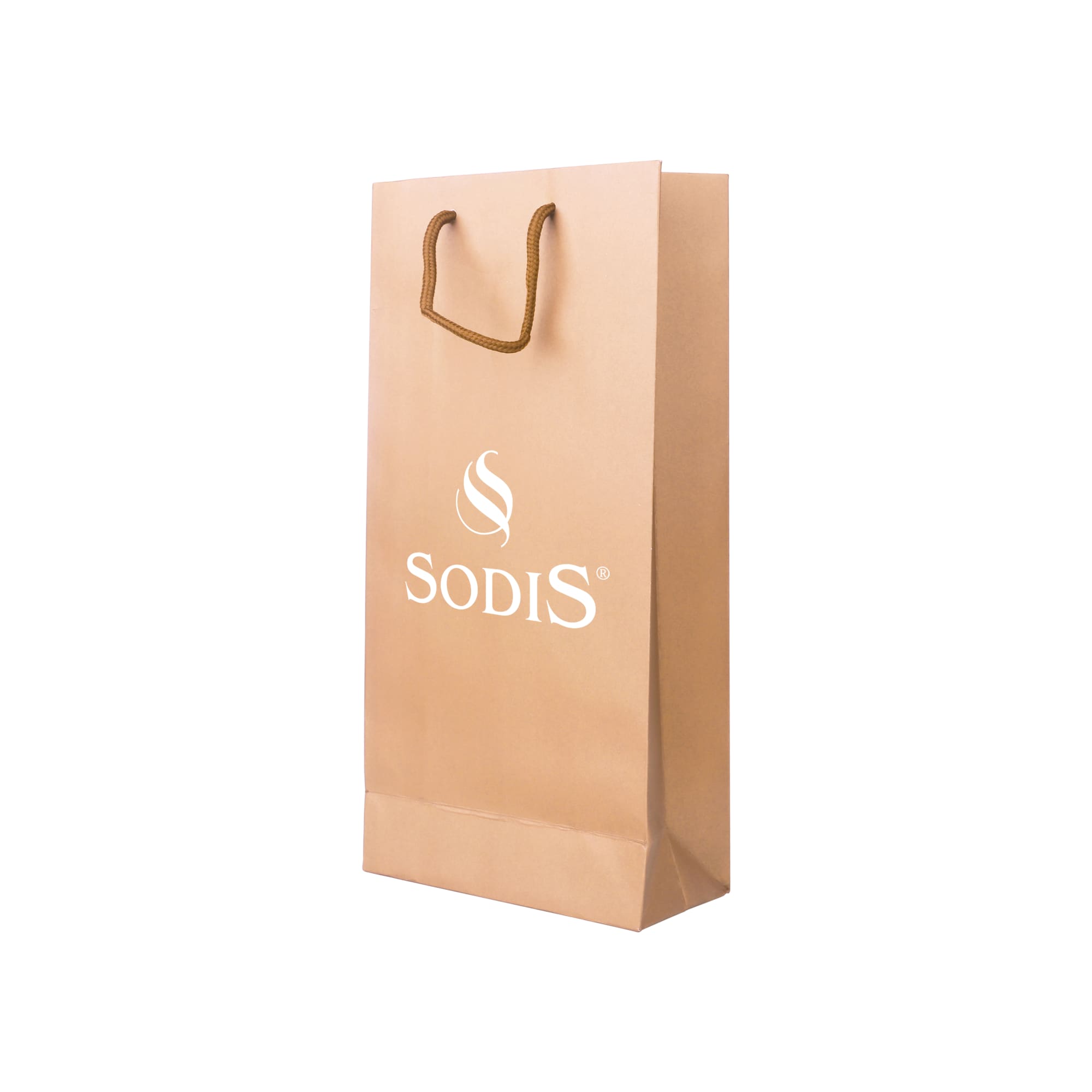 A drink bottle paper bag in brown with a twisted handle and a logo on the front. Dimensions: 175x360x85mm.