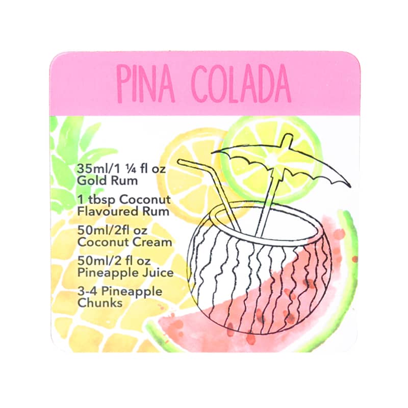 A square coaster featuring a tropical cocktail illustration with pink and pastel colours, and a logo on the corner.