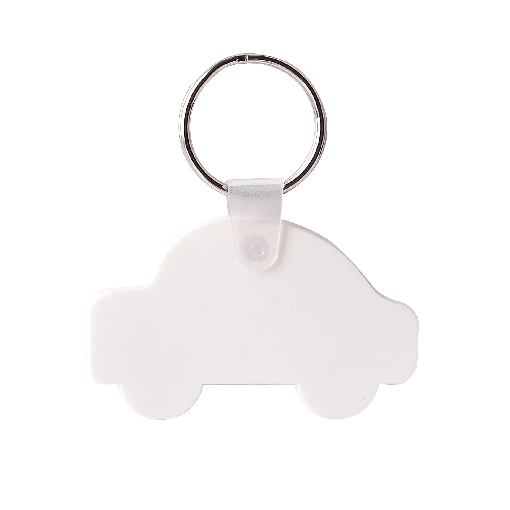 A white keyring shaped like a car, attached to a metal ring for keys.