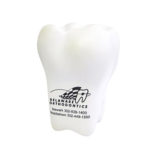 A white tooth-shaped stress reliever with a logo, designed as a fun stress keyring.