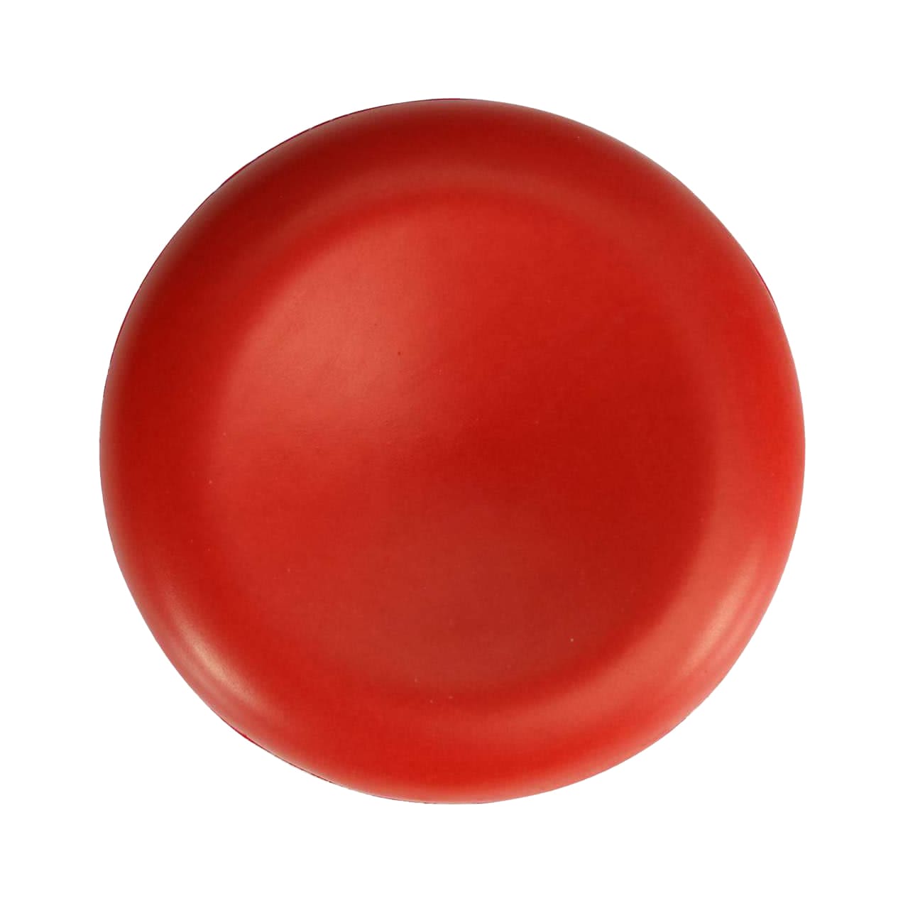 A round, red stress reliever in the shape of a cell, featuring a smooth surface and a logo.