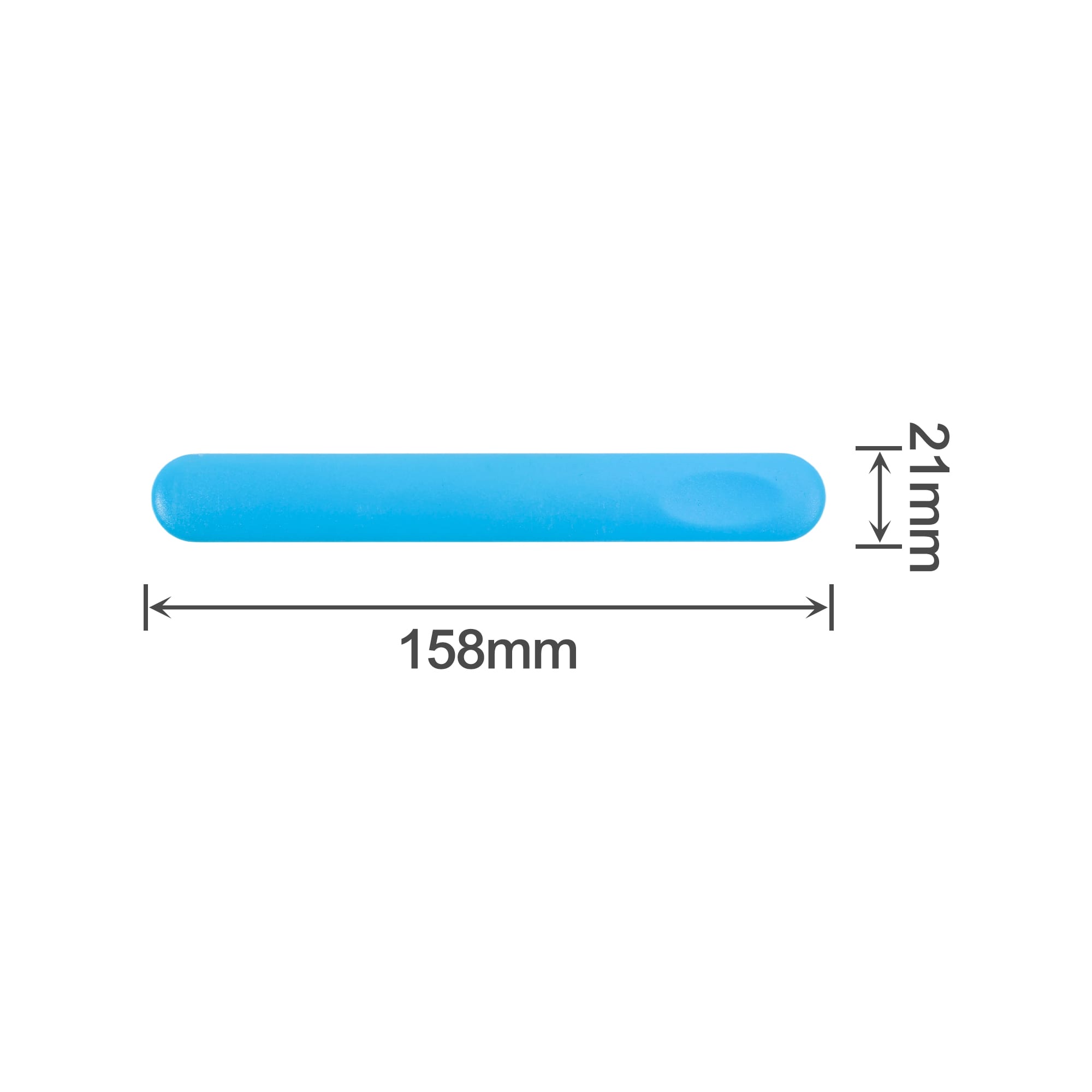 A blue nail file with a smooth finish measuring 158mm in length and 21mm in width. It features a logo.