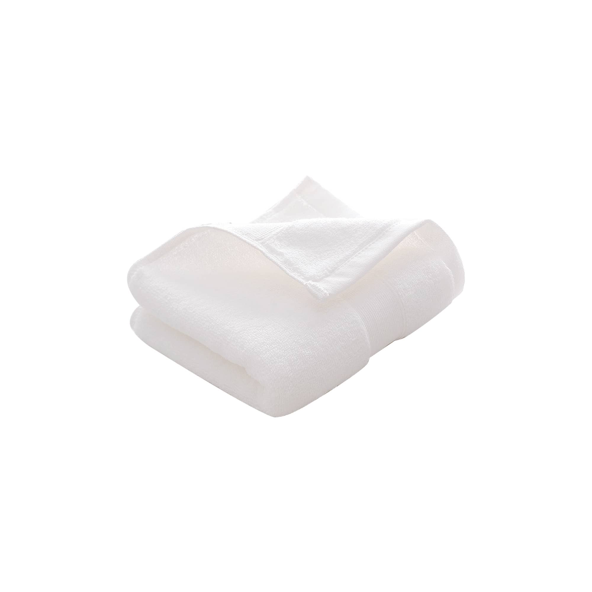 A folded white embroidered cotton hand towel sits on a flat surface. The towel has a soft texture and features a logo.