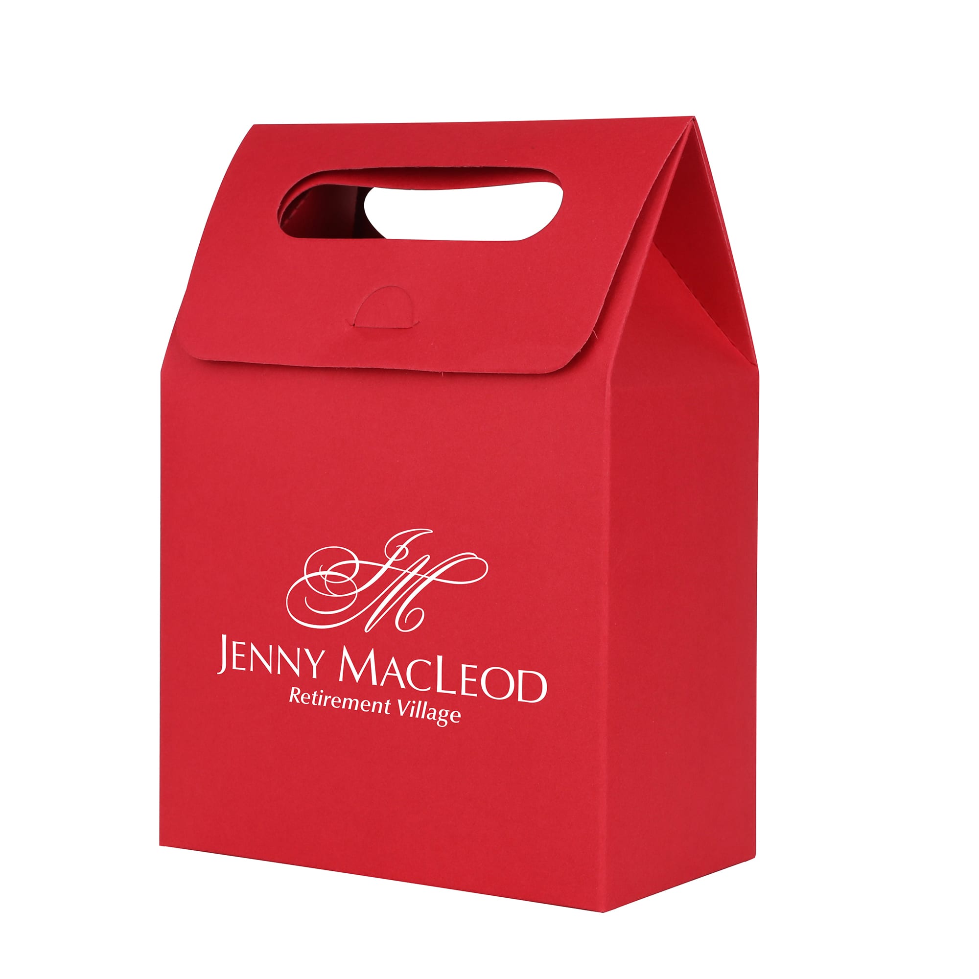 A red die-cut handle bag with a top flap and a logo on the front. It measures 135x200x75mm.