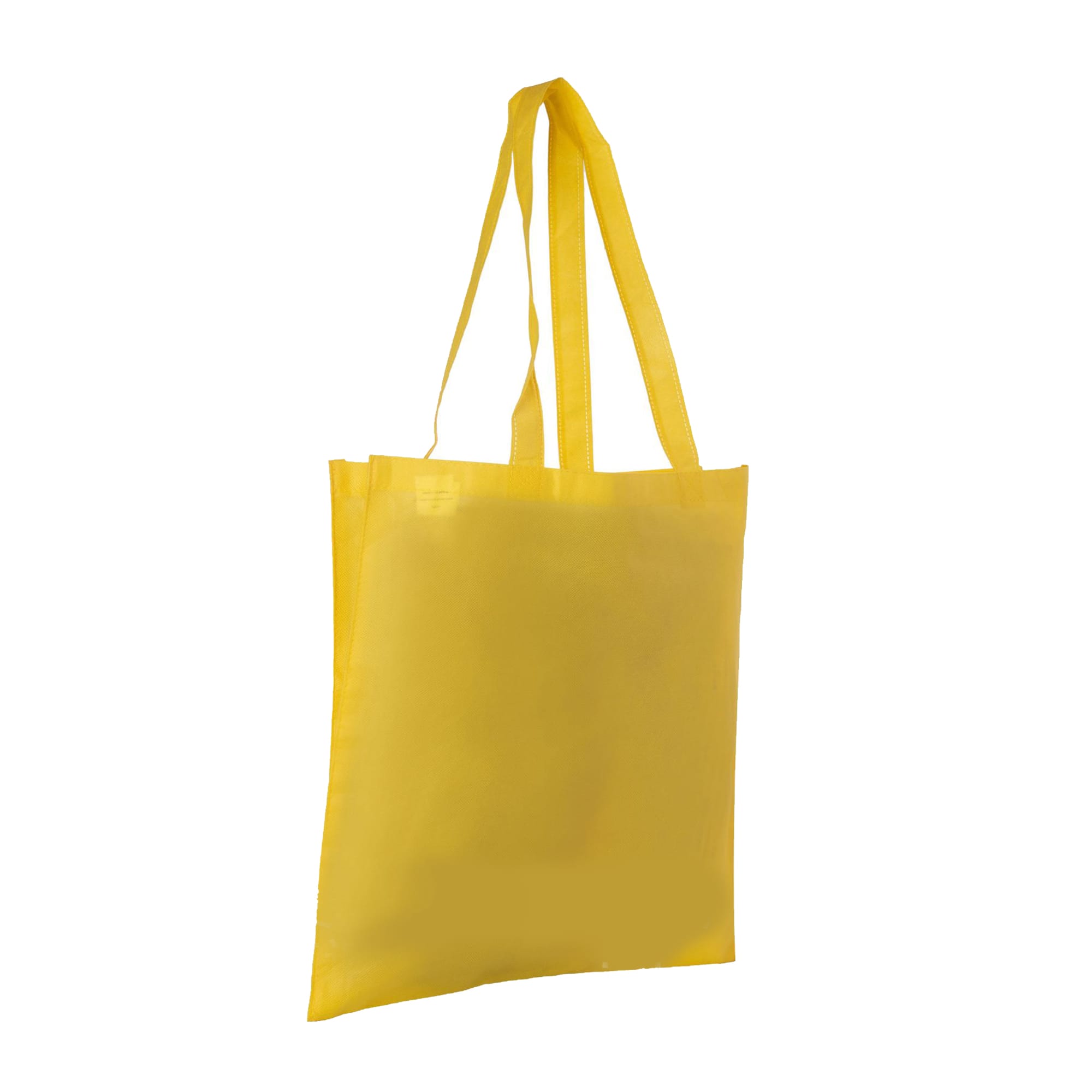 A yellow non-woven long handle bag with a V gusset and two shoulder straps. It features a simple design and has a logo.