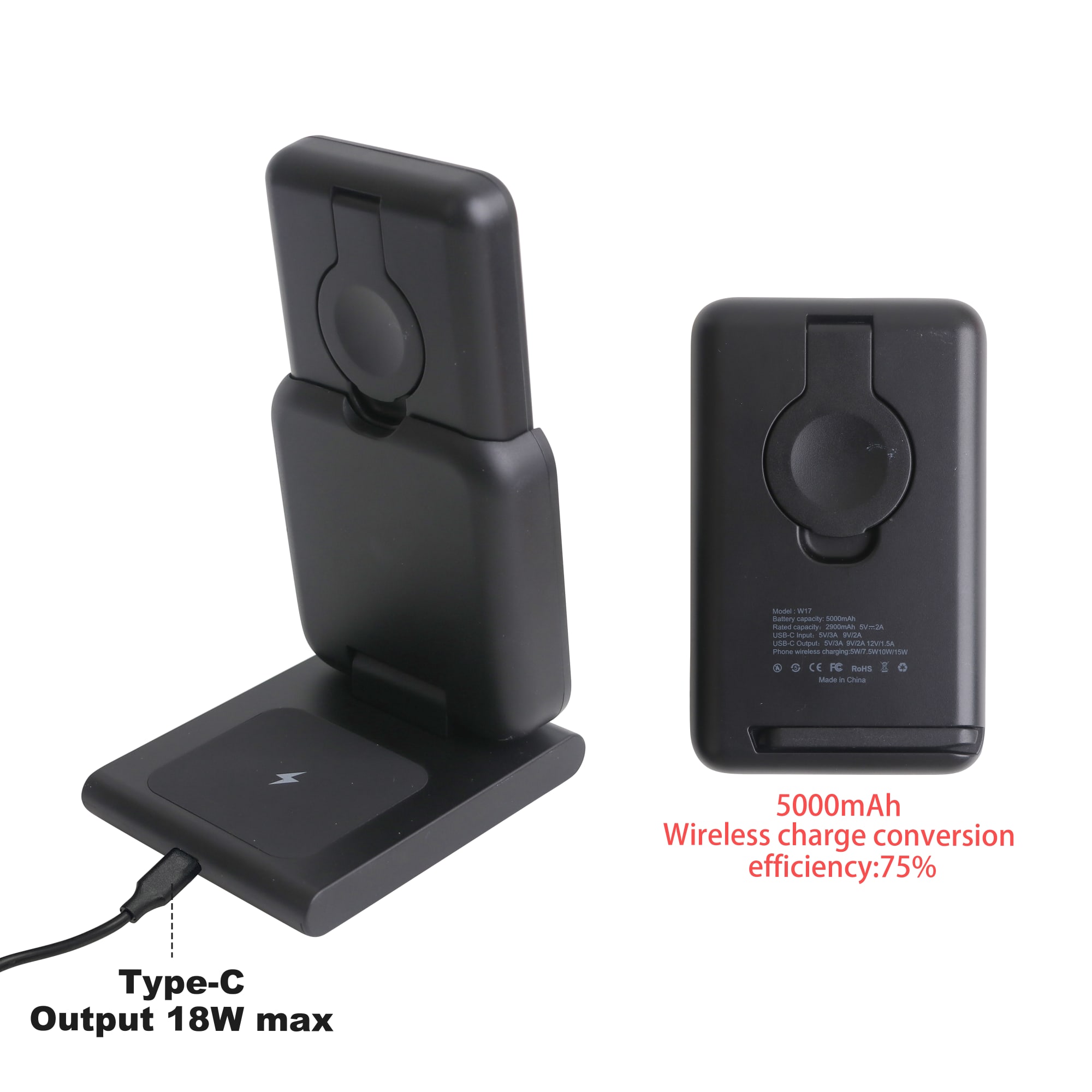 A 3-in-1 black power bank charging station with a Type-C output and a 5000mAh capacity, featuring a logo.