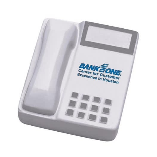 A telephone-shaped stress reliever in white with a grey handset and buttons, featuring a logo.