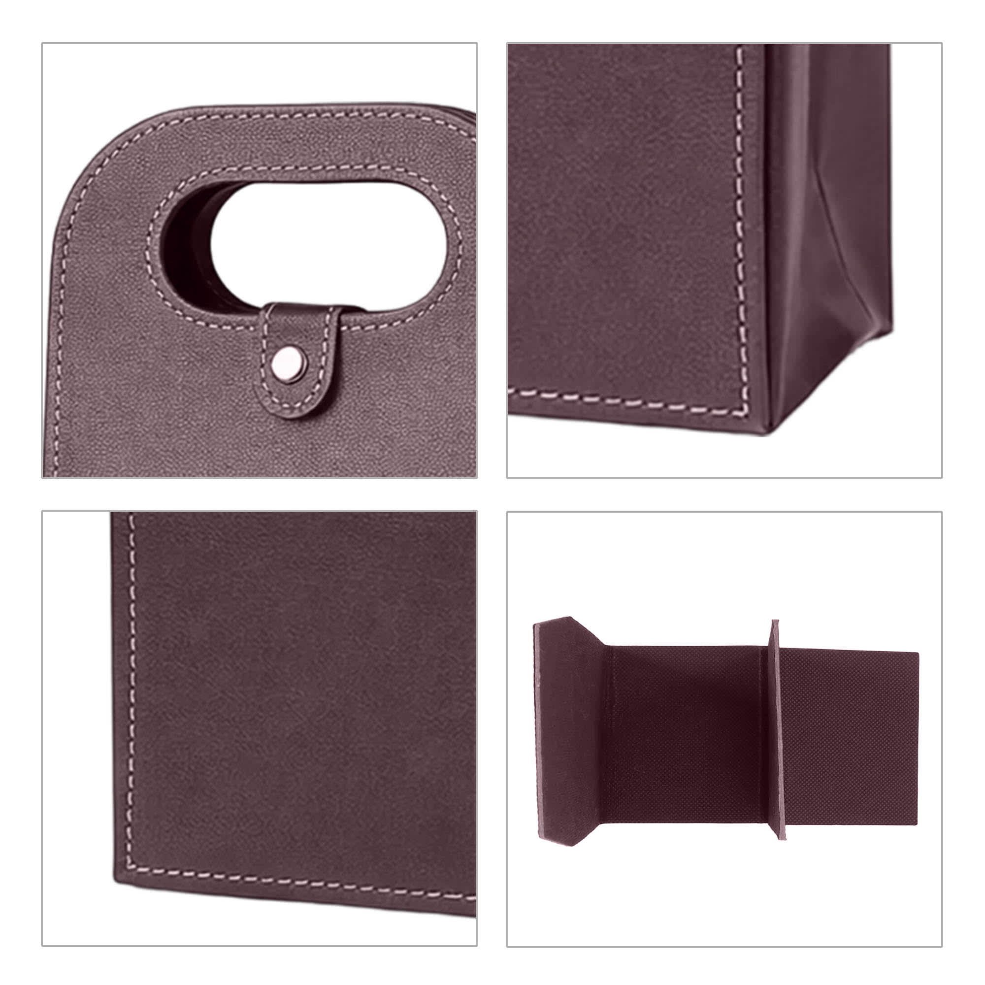 A drink bottle bag in a deep purple hue, featuring a handle and a structured base. It has stitched detailing and a logo.