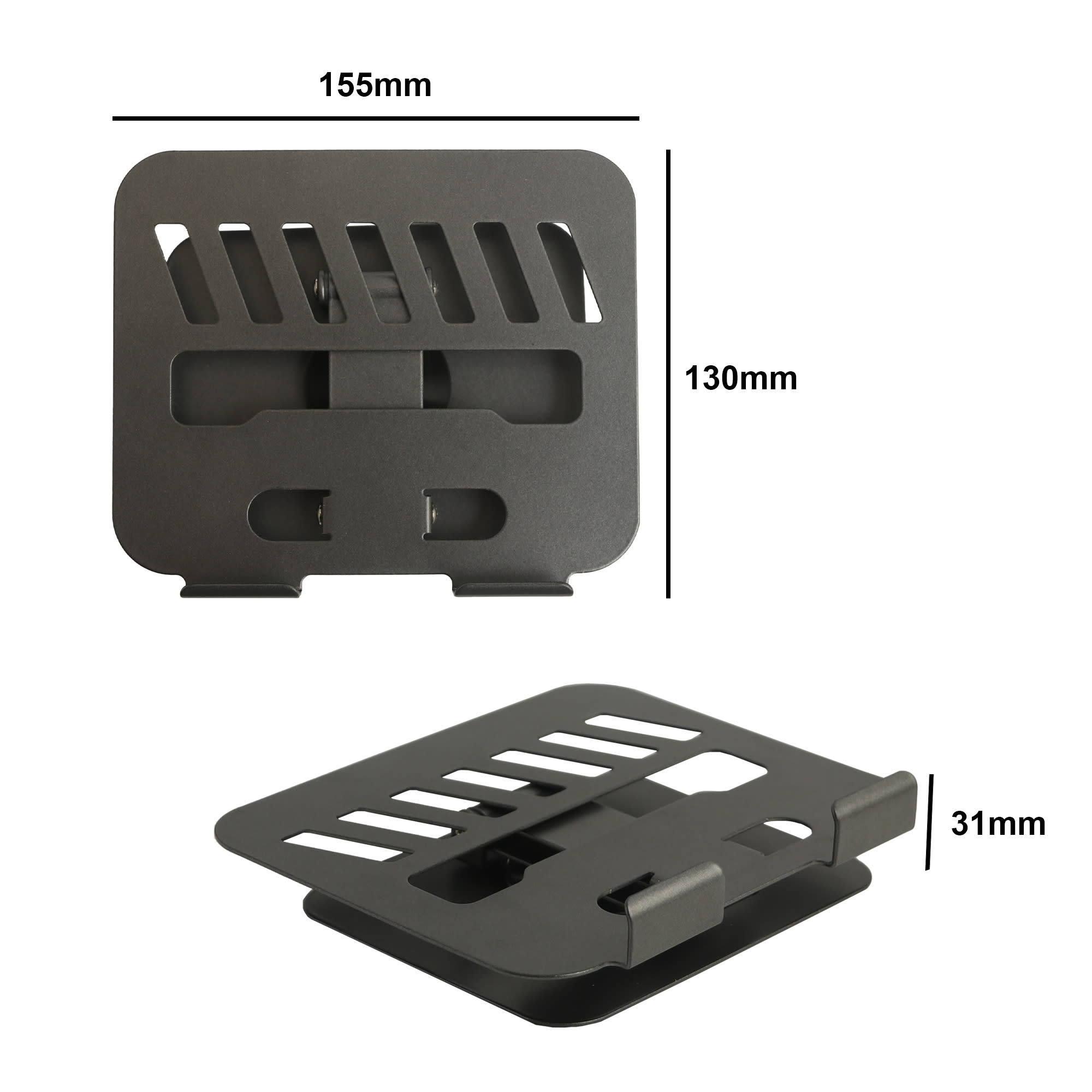 A foldable metal tablet stand in black, featuring a minimalist design with slats for ventilation and measurements displayed.