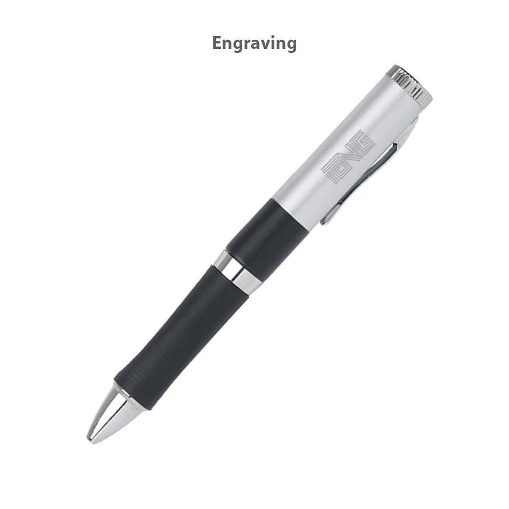 A silver and black pen featuring a textured grip and a branding logo, designed for engraving.