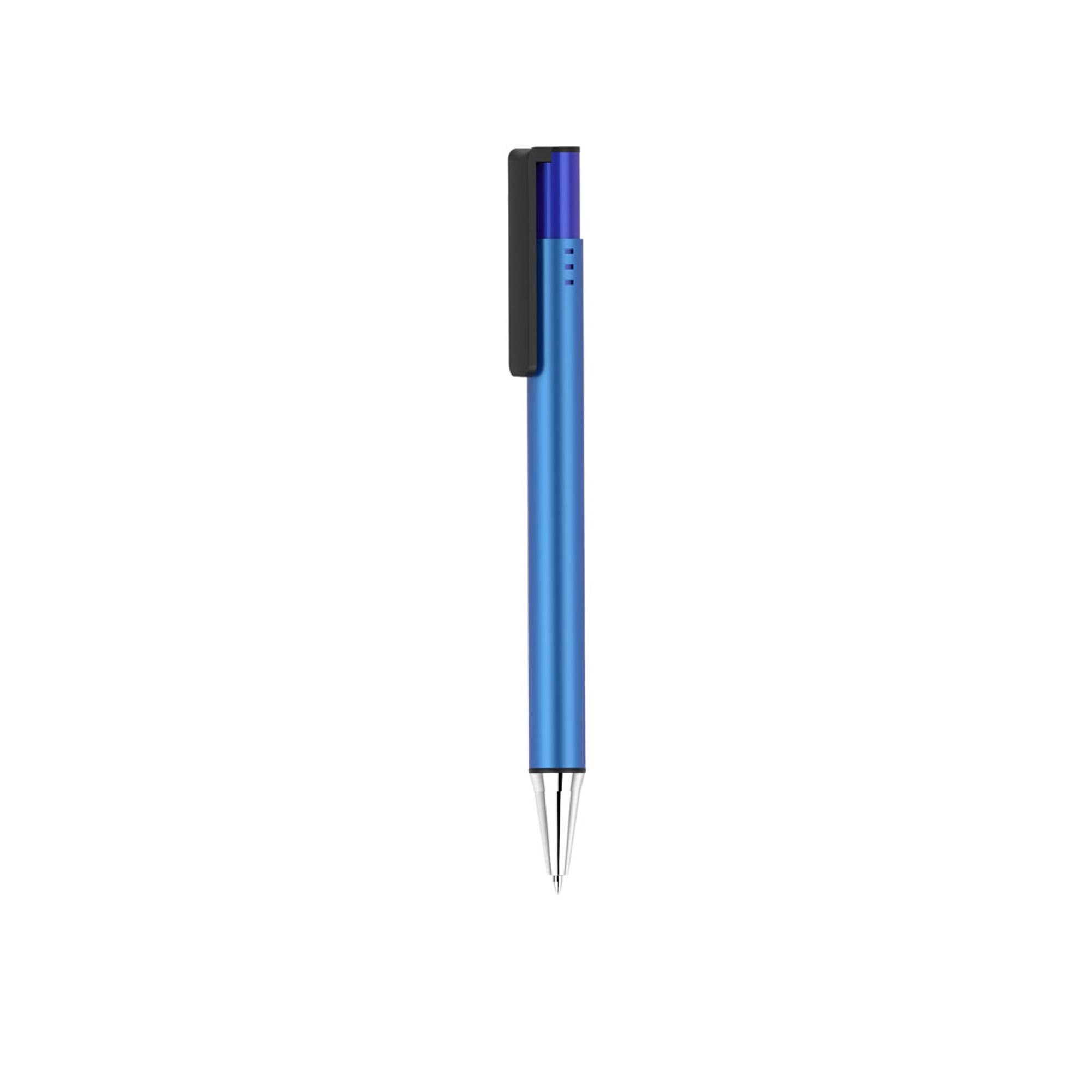 A blue pen with a black clip and a metallic finish, featuring a logo on its body.