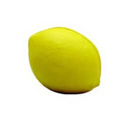 A bright yellow lemon-shaped stress reliever, featuring a smooth texture and rounded form. Contains a brand logo.