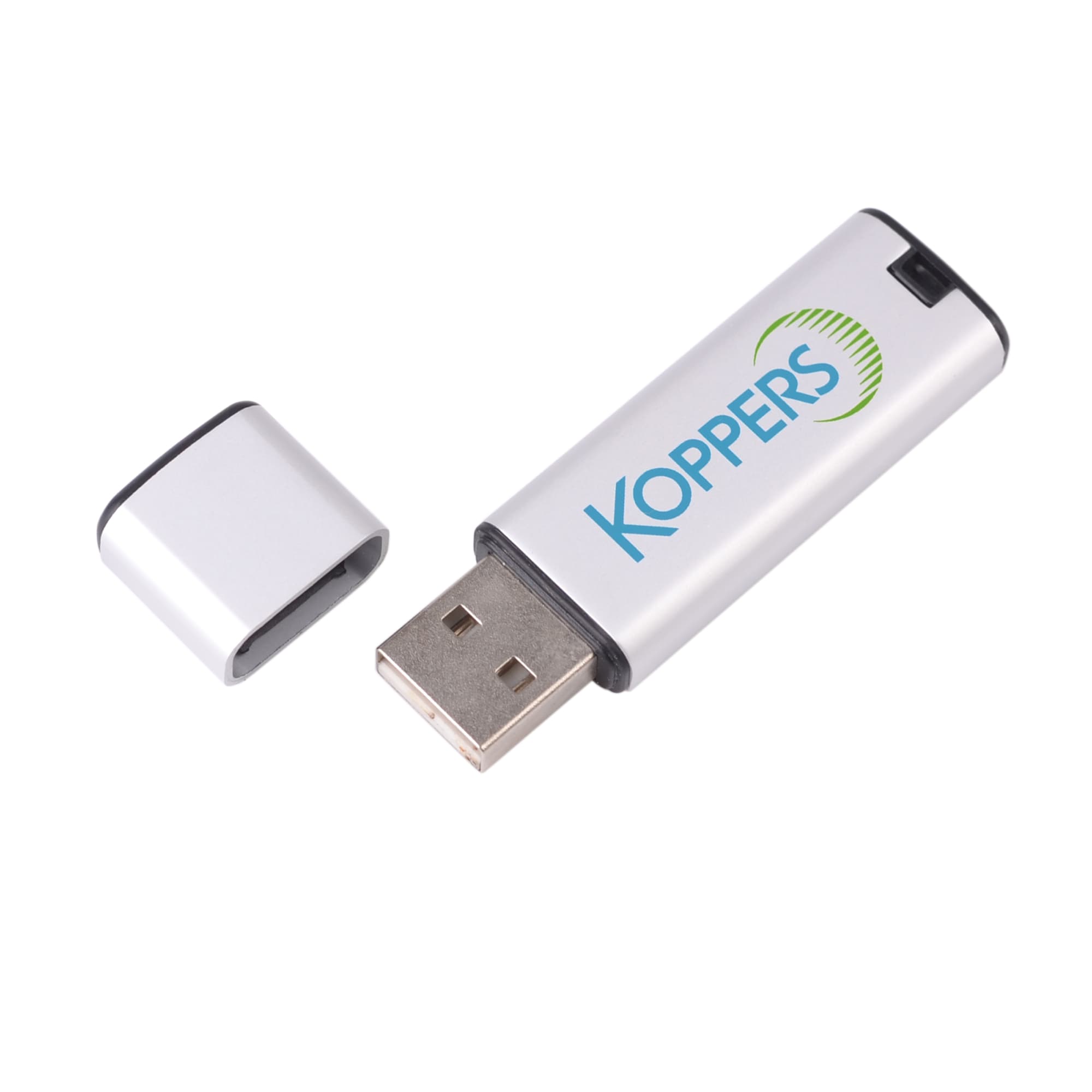 A silver flash drive with a removable cap, featuring a logo.