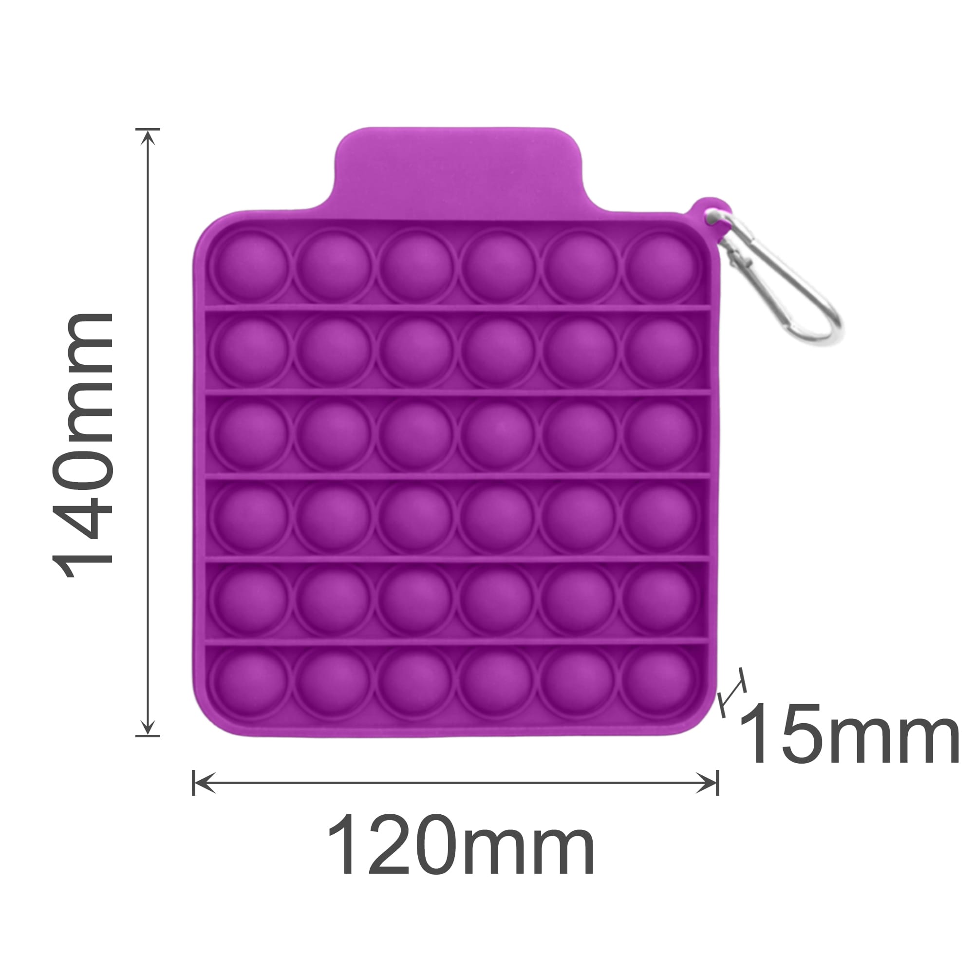 A purple square push bubble board with various sized bubbles, featuring a clip for attachment. Dimensions are indicated.
